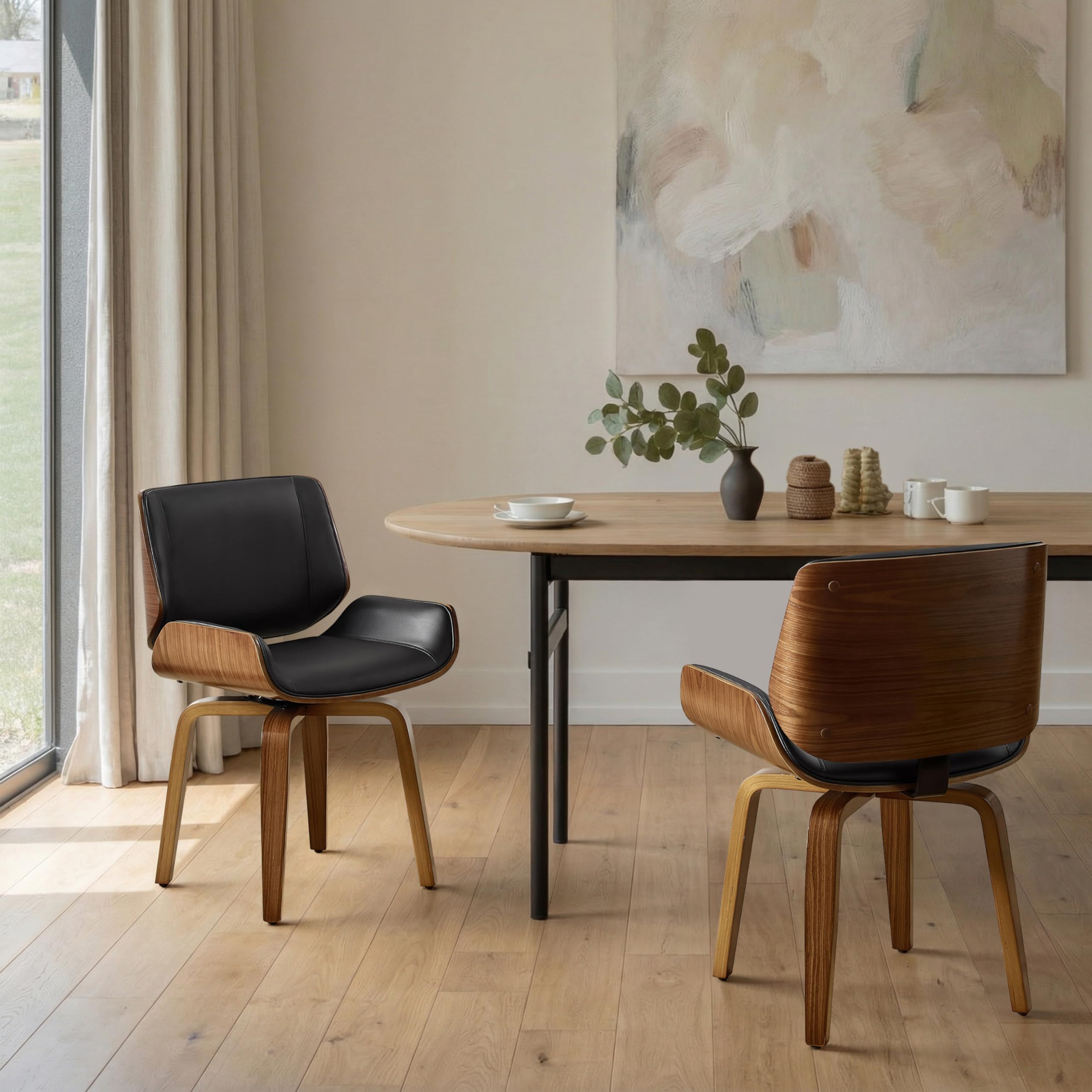 Zouron Swivel Dining Chairs, Mid Century Modern Desk Chairs Retro Faux Leather Chair with Wooden Legs, Kitchen Dining Room Chair with Upholstered Seat, 1 Pcs, Orange Brown