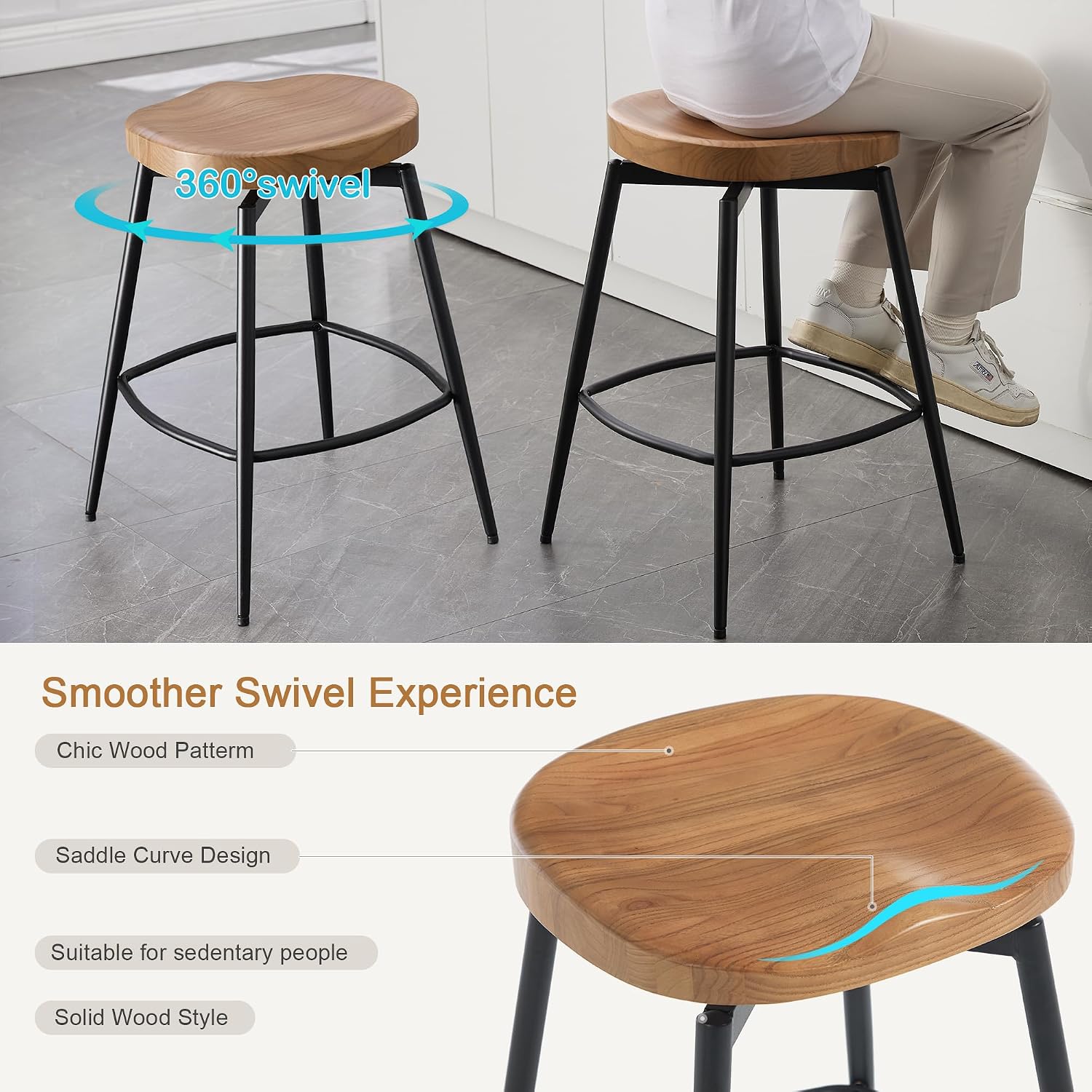 Flouki Bar Stools Set of 4, 25 Inch Solid Wood Saddle Barstools, Counter Height Bar Stools with Swivel Mechanism, Robust Metal Structure for Kitchen Island, Dining Room, Easy Assembly, Brown