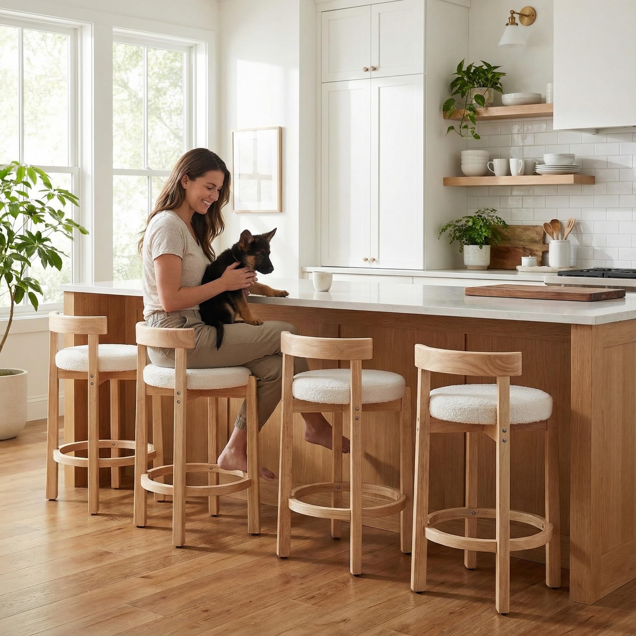 LukeAlon Mid Century Linen Counter Stools Set of 4, Upholstered 26.5” Seat Height Low Barstools with Natural Wood Legs Round Low Back Kitchen Stools with Footrest for Dining Room, Beige