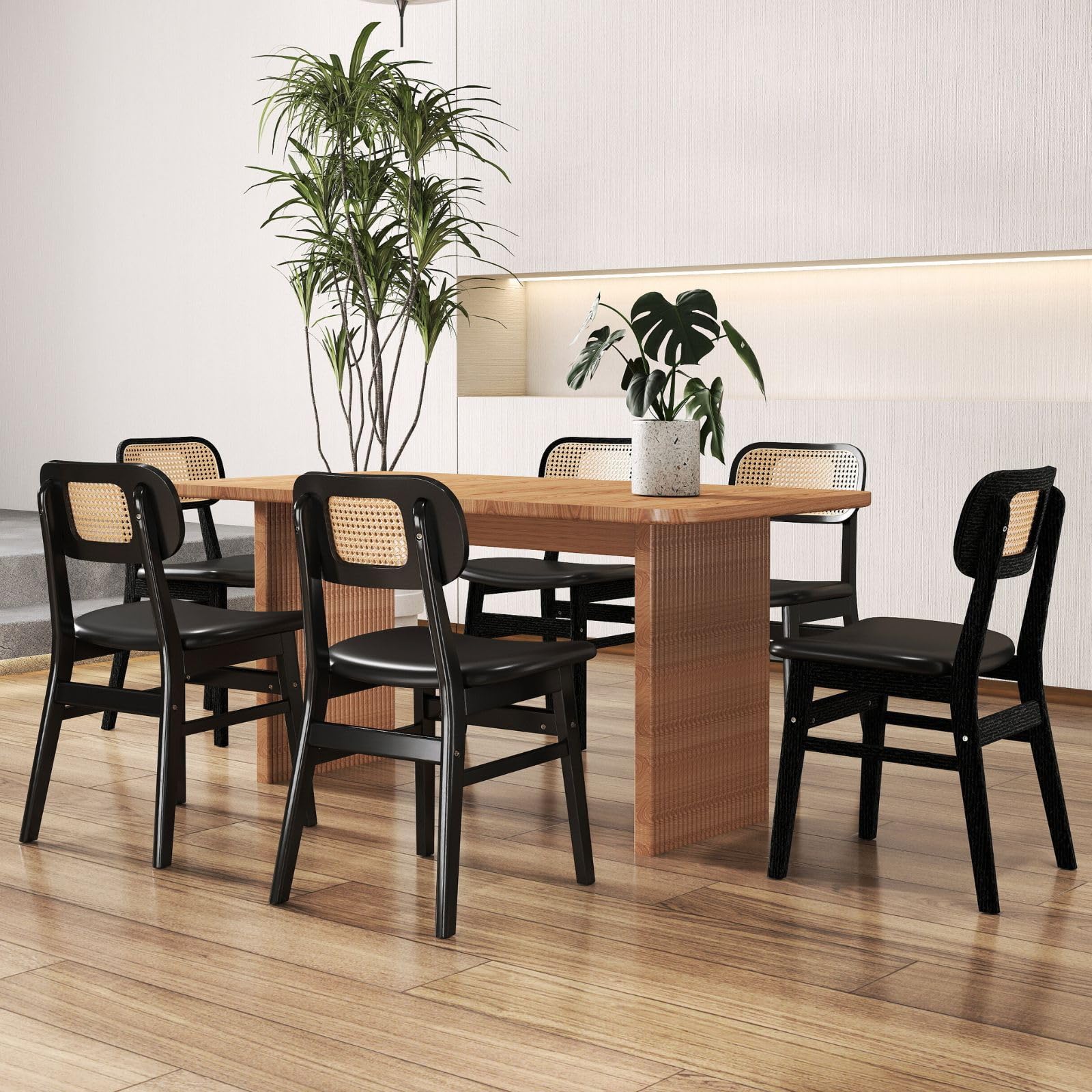 ROCITY Rattan Dining Chairs Set of 2 White Faux Leather Dining Room Chairs Natural Wooden Kitchen Chairs Farmhouse Side Chairs