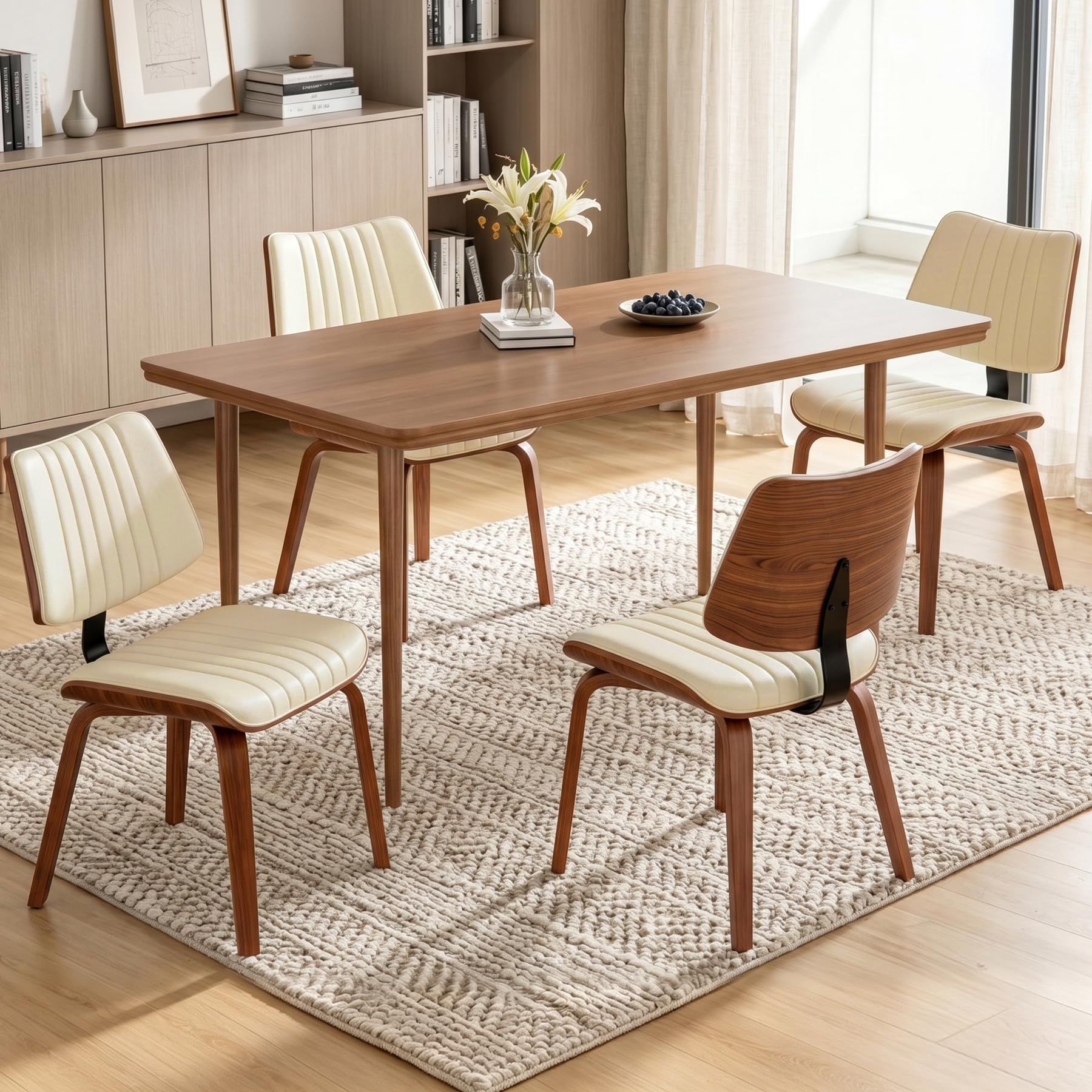 Dining Chairs Set of 1, Mid-Century Modern Upholstered PU Leather Kitchen Chair, Hanging Handrails, Walnut Bentwood Legs and Faux Leather Sponge Back for Kitchen Dining Room Living Room, Beige