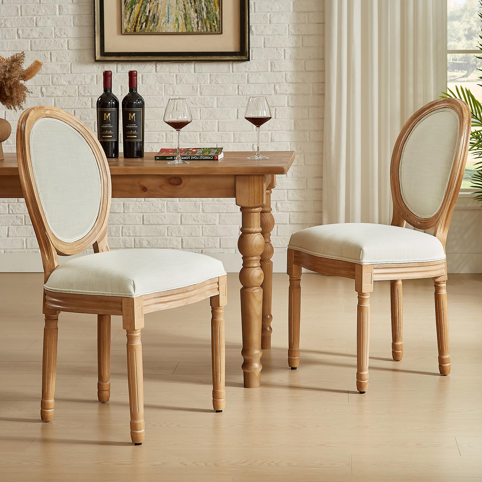 Nrizc French Country Dining Chairs Set of 4, Farmhouse Fabric Chairs with Round Back, Rattan Dining Chair, Oval Side Chairs for Dining Room/Living Room/Kitchen/Restaurant