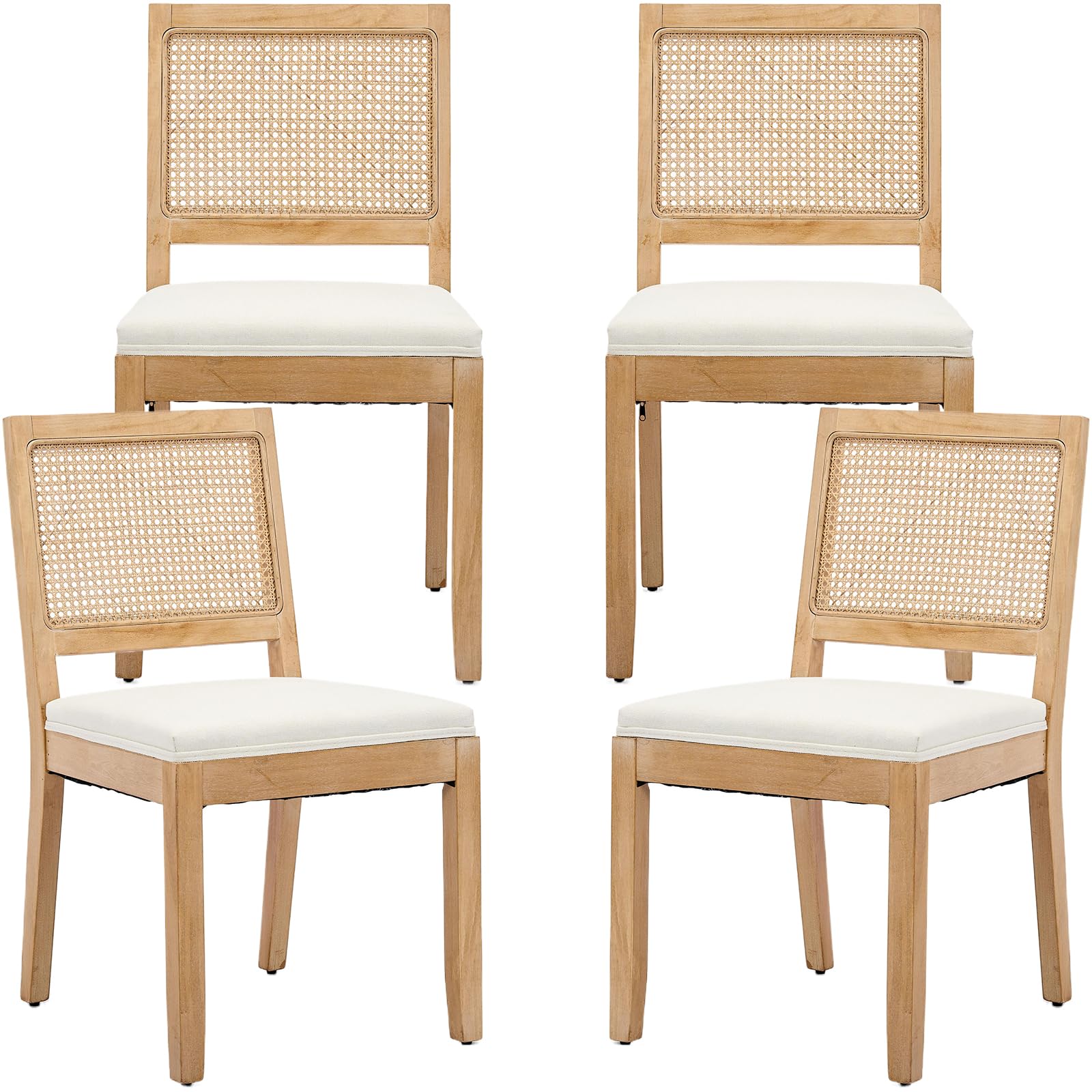 Vintage French Rattan Dining Chairs Set of 6, Square Back Side Chairs with Rattan Backrest, Upholstered Linen Seat and Solid Wood Frame, Sillas de Comedor for Dining Room & Kitchen, Dark Gray