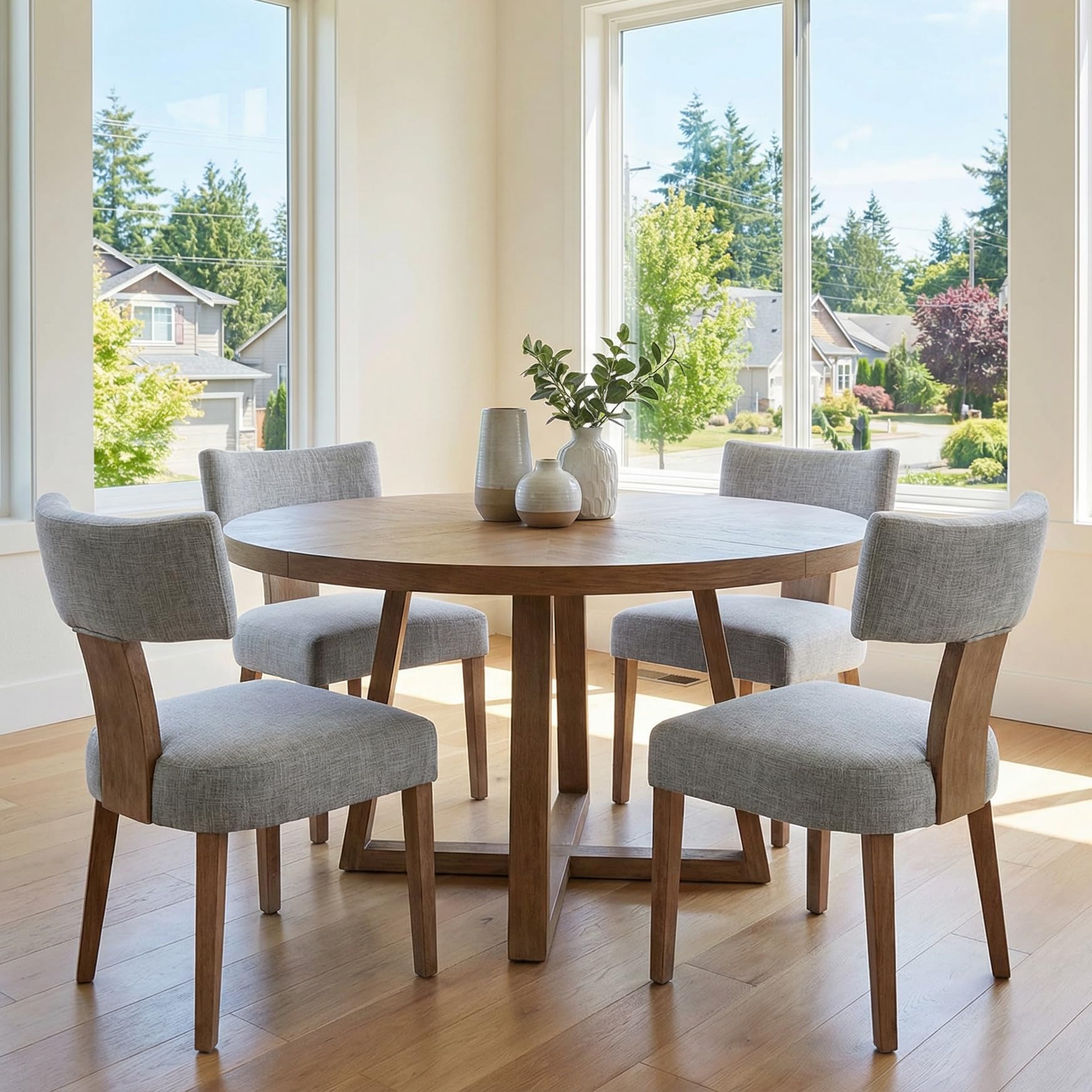 RIVOVA Rattan Dining Chairs Set of 4, Mid Century Modern Dining Chair Upholstered Linen Fabric Kitchen Side Chair, Modern Kitchen Armless Solid Wood Dining Chairs, Beige