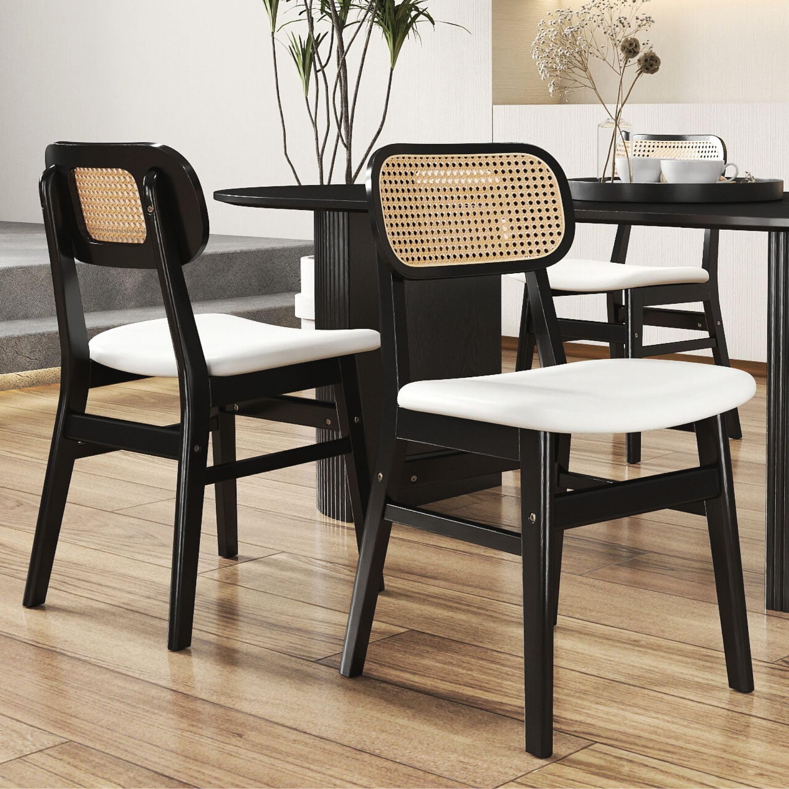 ROCITY Rattan Dining Chairs Set of 2 White Faux Leather Dining Room Chairs Natural Wooden Kitchen Chairs Farmhouse Side Chairs