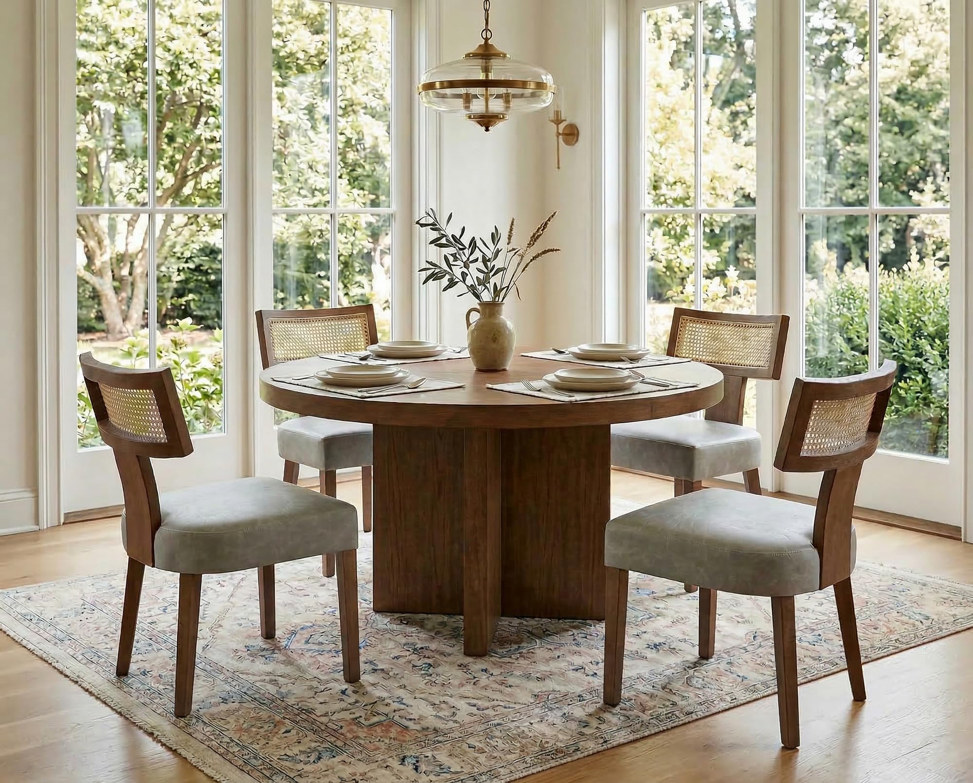 RIVOVA Rattan Dining Chairs Set of 4, Mid Century Modern Dining Chair Upholstered Linen Fabric Kitchen Side Chair, Modern Kitchen Armless Solid Wood Dining Chairs, Beige