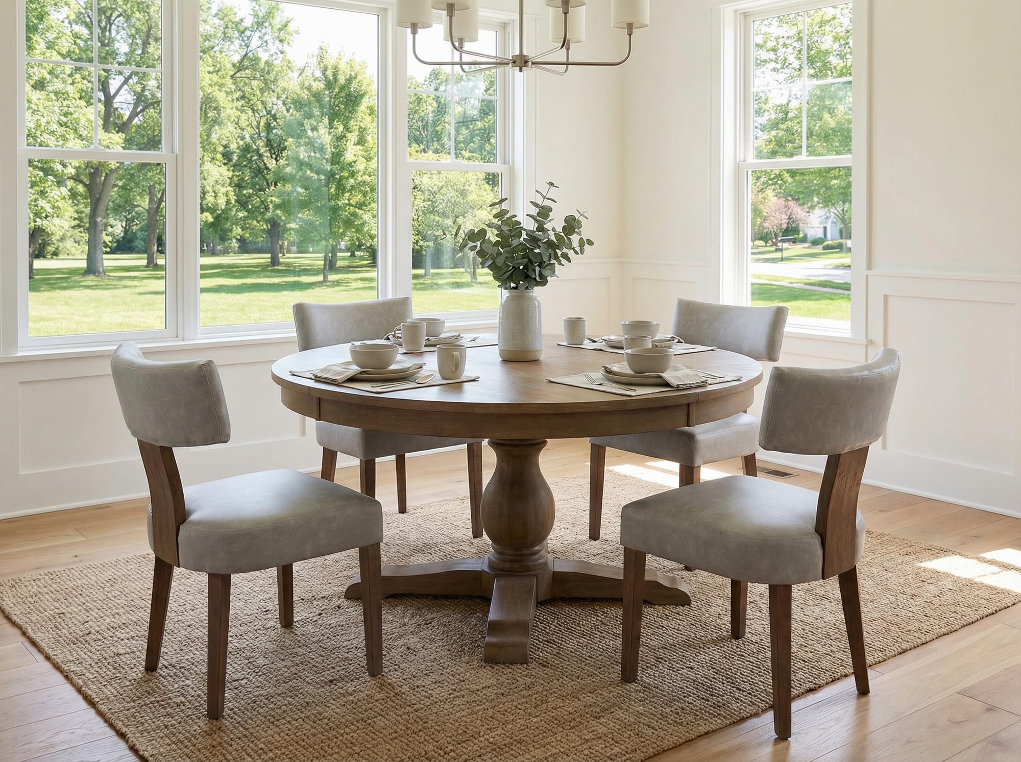 RIVOVA Rattan Dining Chairs Set of 4, Mid Century Modern Dining Chair Upholstered Linen Fabric Kitchen Side Chair, Modern Kitchen Armless Solid Wood Dining Chairs, Beige
