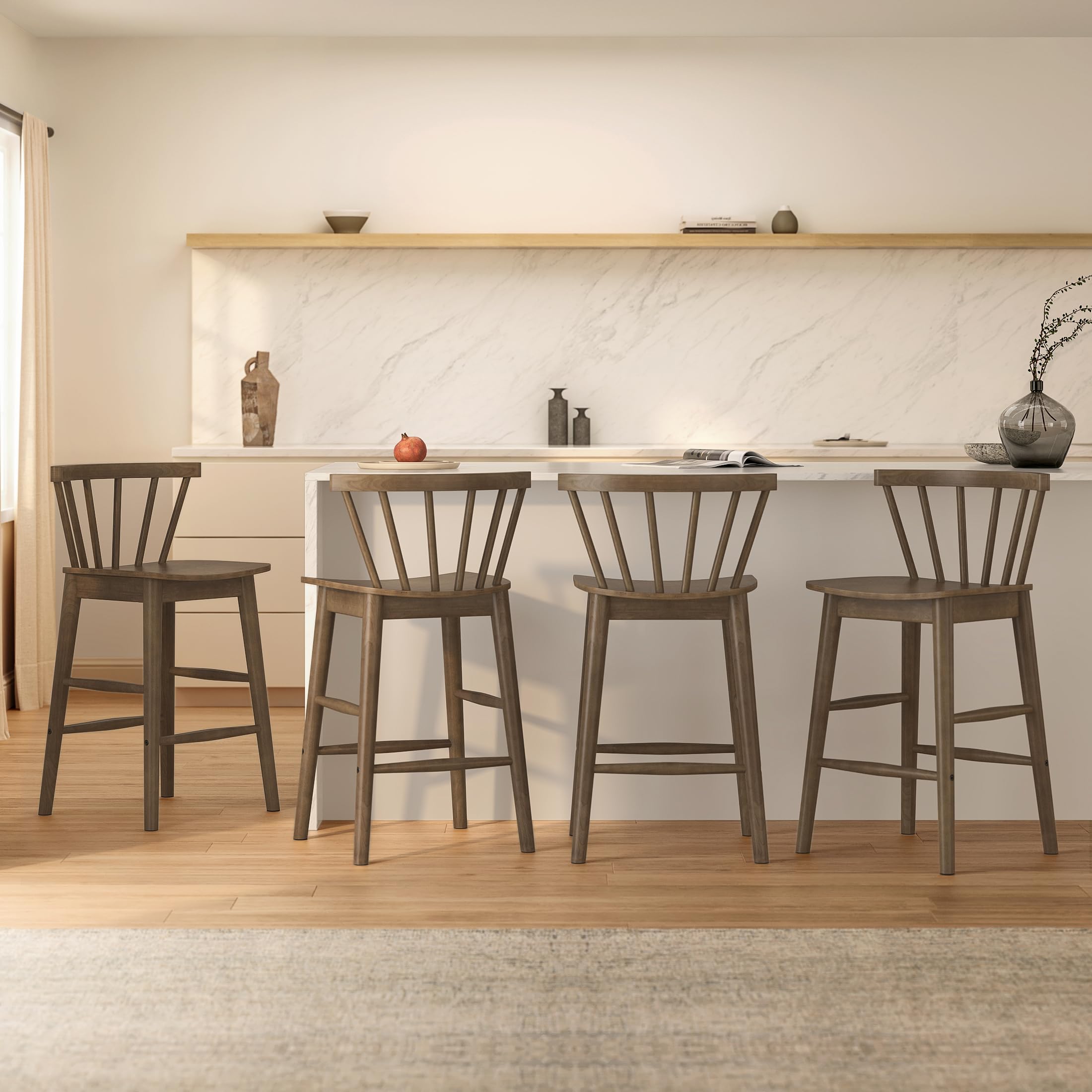 Modern Bar Stools Set of 2, 24" Wooden Counter Height Barstools, Modern Armless Farmhouse Bar Dining Chairs with Back & Footrest for Kitchen Island Pub, Natural Oak