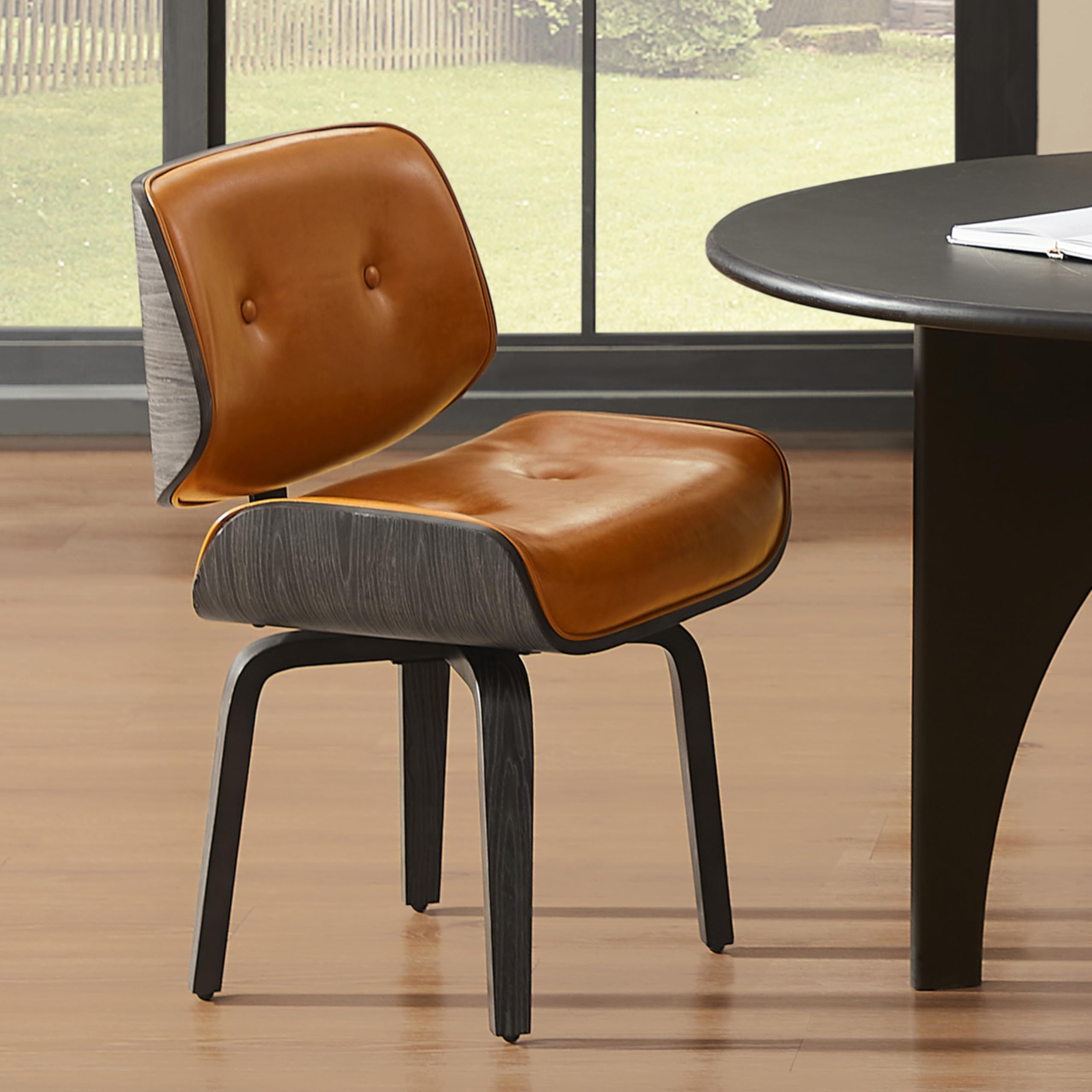 Zouron Swivel Dining Chairs, Mid Century Modern Desk Chairs Retro Faux Leather Chair with Wooden Legs, Kitchen Dining Room Chair with Upholstered Seat, 1 Pcs, Orange Brown