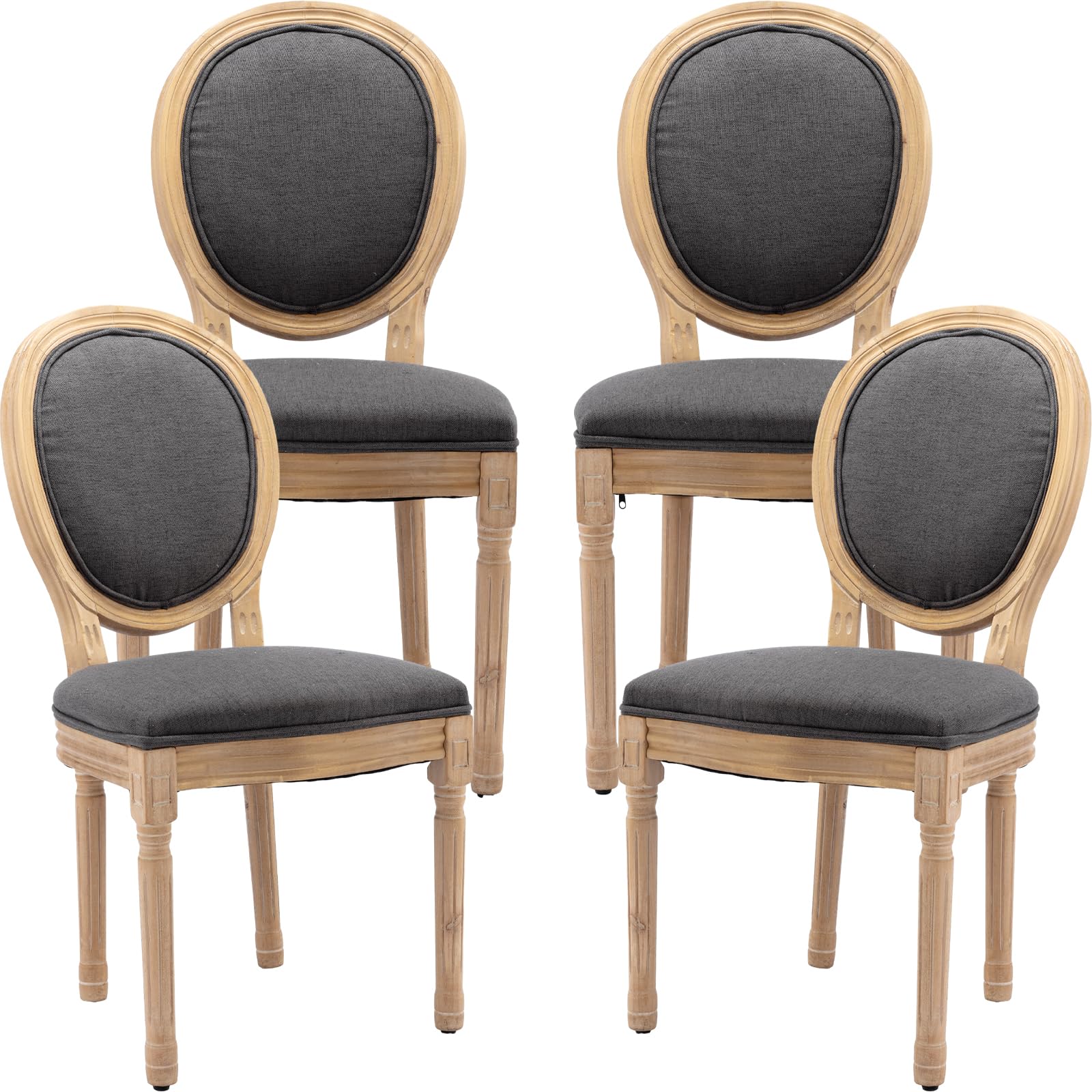Vintage French Rattan Dining Chairs Set of 4, Solid Wood Frame with Round Rattan Back and Linen Upholstered Seat, Farmhouse Accent Sillas de Comedor Side Chairs for Dining Room & Kitchen, Beige