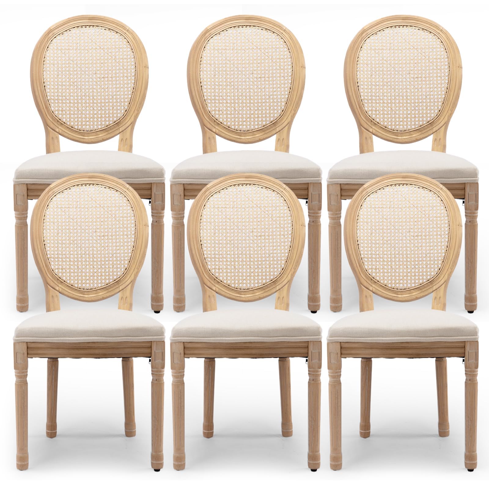 Rattan Back Upholstered Dining Chairs Set of 4 French Country Oval Kitchen Side Chairs with Wood Legs for Dining Room, Kitchen, Restaurant(Beige-Rattan)