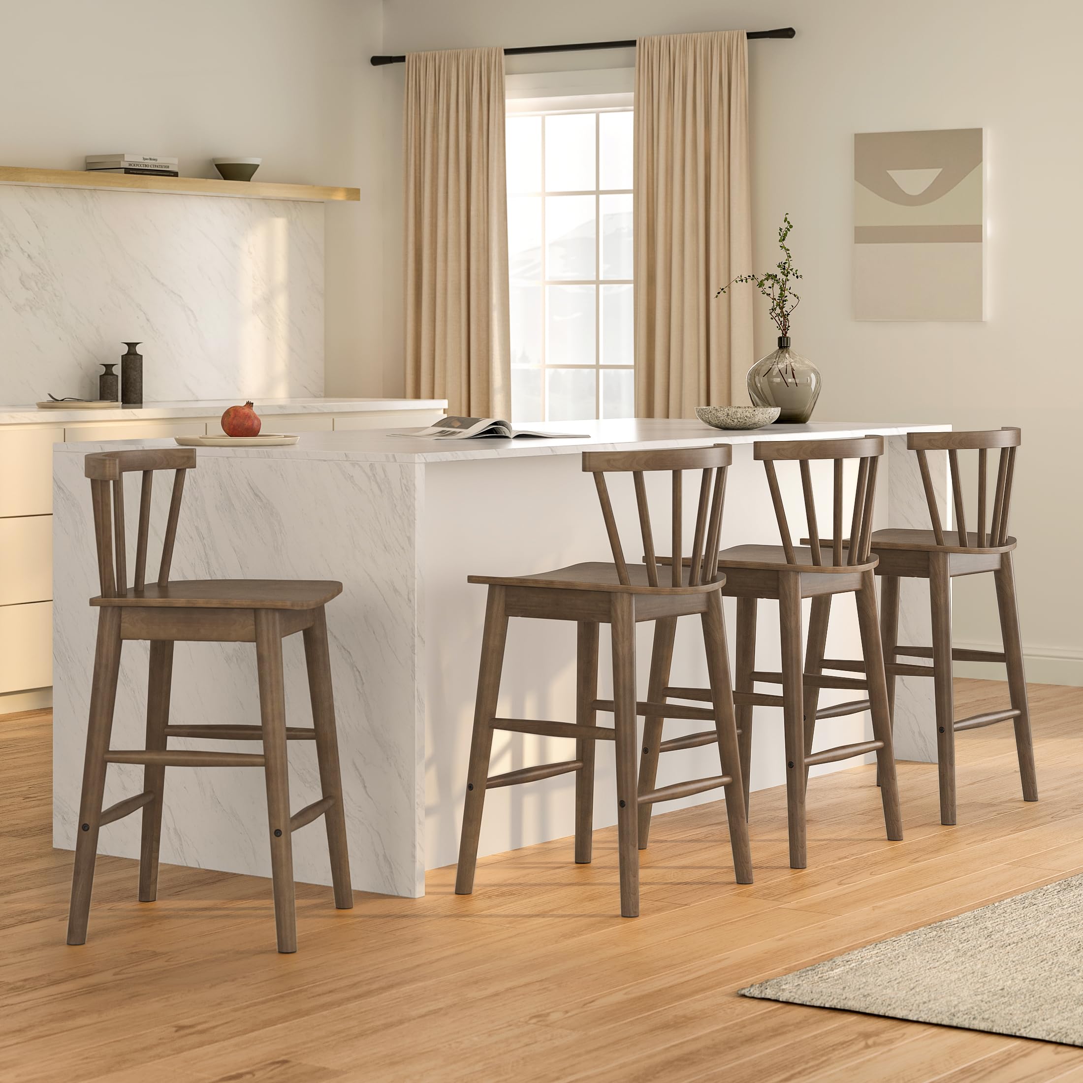 EYYTHUNG Wood Bar Stools Set of 3, Farmhouse 24" Barstool Counter Stools with Curved Back Counter Chairs for Kitchen Islands Dining Room, Natural Oak
