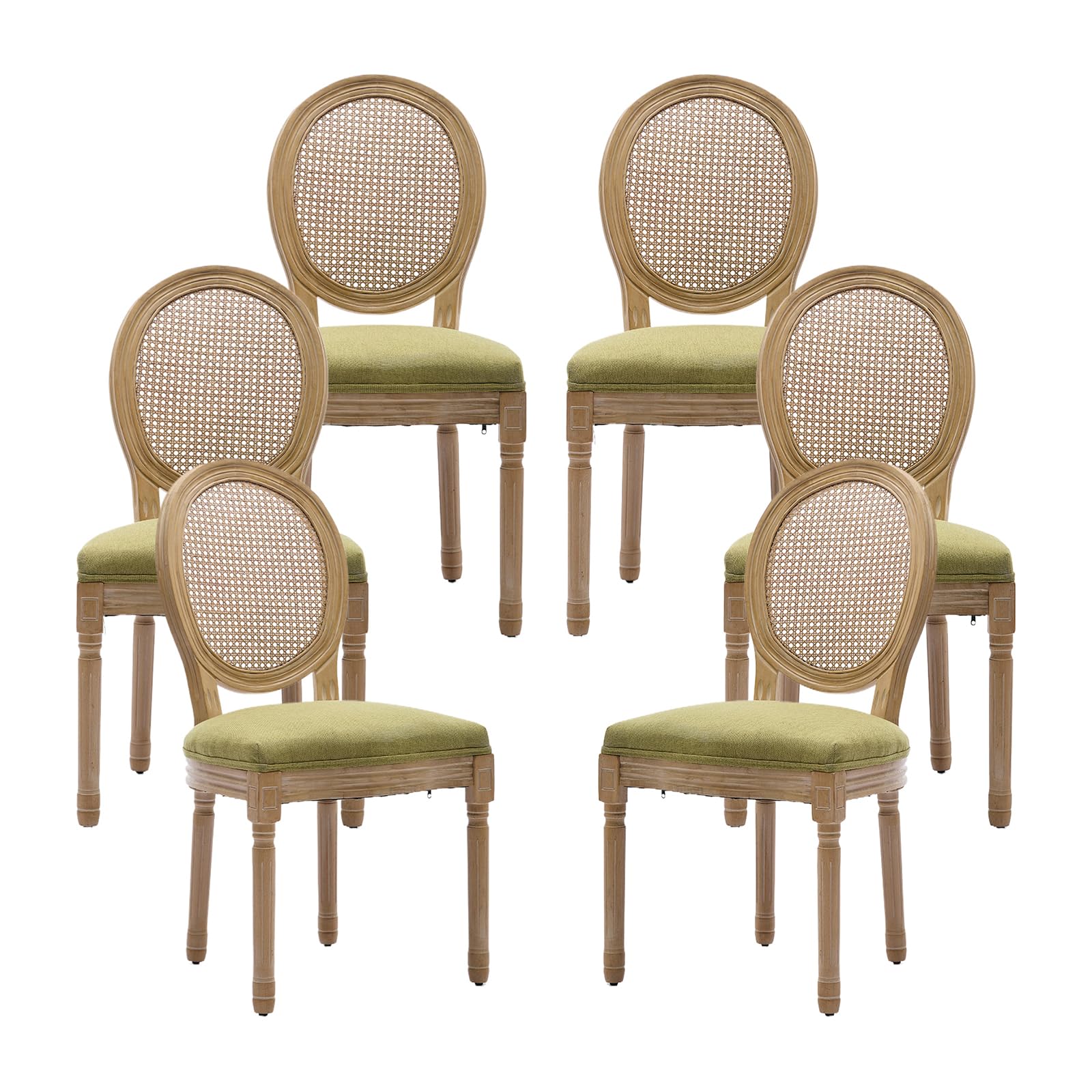 Vintage French Rattan Dining Chairs Set of 4, Solid Wood Frame with Round Rattan Back and Linen Upholstered Seat, Farmhouse Accent Sillas de Comedor Side Chairs for Dining Room & Kitchen, Beige