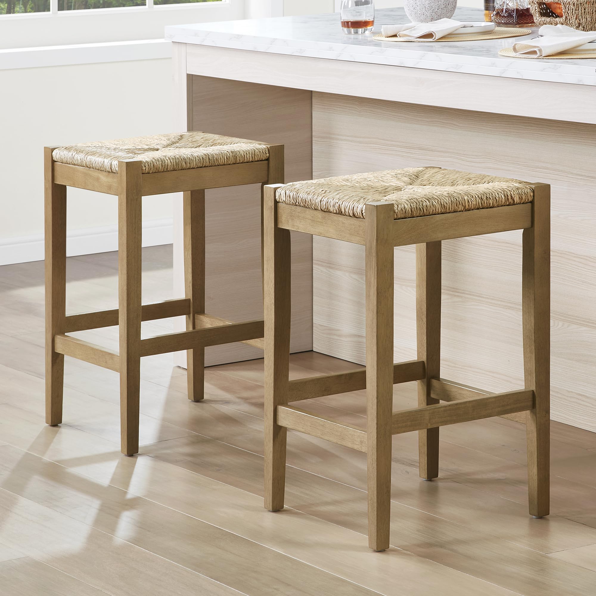 2PC Woven Seagrass Counter Stools, Black Solid Wood Legs, 26 Inch