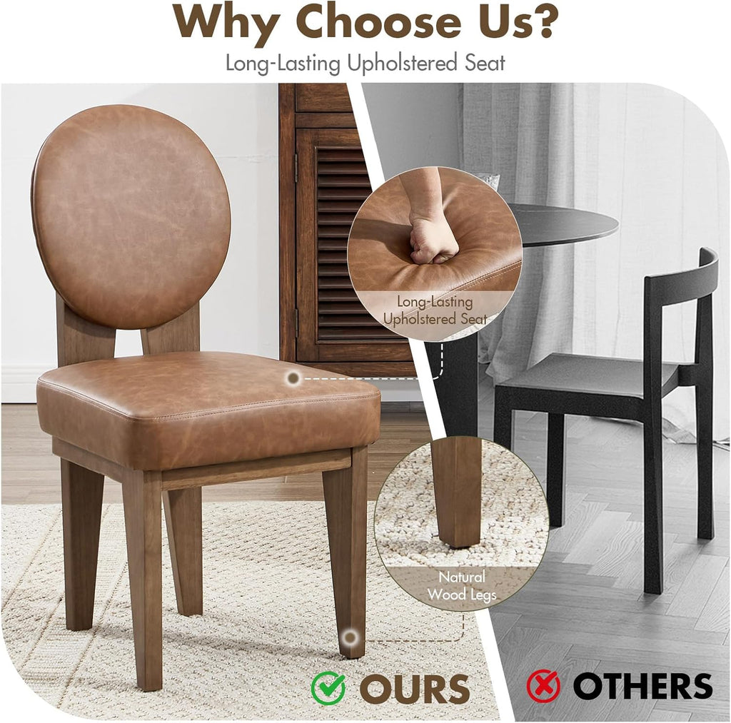 Hyfirm Mid-Century Modern Walnut Dining Chairs Set of 2, Vintage Brown Leather Wooden Kitchen Chairs, Retro Upholstered PU Cushioned Seat with Curved Backrest, Armless Accent Side Chair for Bedroom