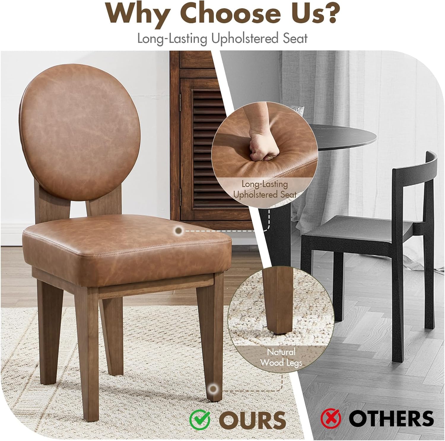 Hyfirm Mid-Century Modern Walnut Dining Chairs Set of 2, Vintage Brown Leather Wooden Kitchen Chairs, Retro Upholstered PU Cushioned Seat with Curved Backrest, Armless Accent Side Chair for Bedroom