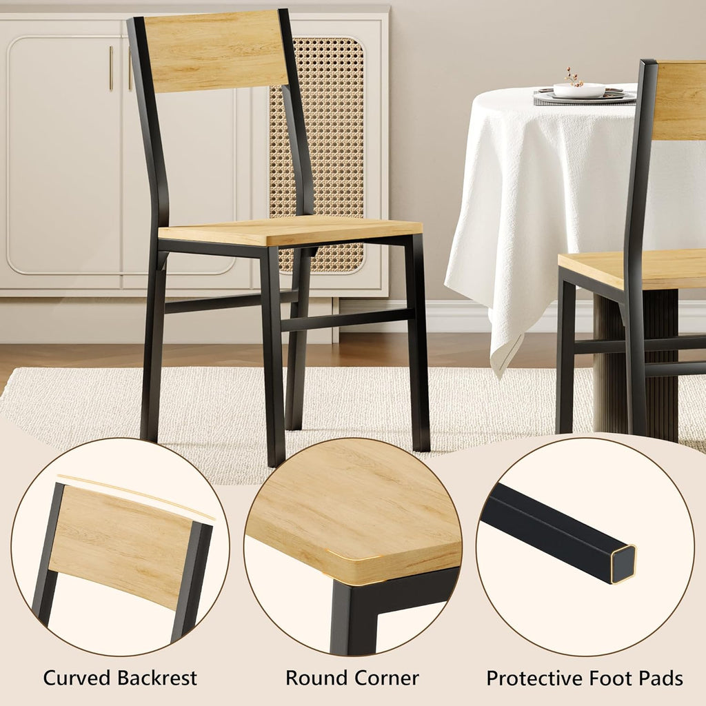 Feonase Dining Chairs and Benches Set of 4, Modern Dining Room Chairs with Ergonomic Backrest, Wood Structure & Metal Legs, for Kitchen, Dining Room, Space-Saving, Easy to Assemble & Clean, Natural
