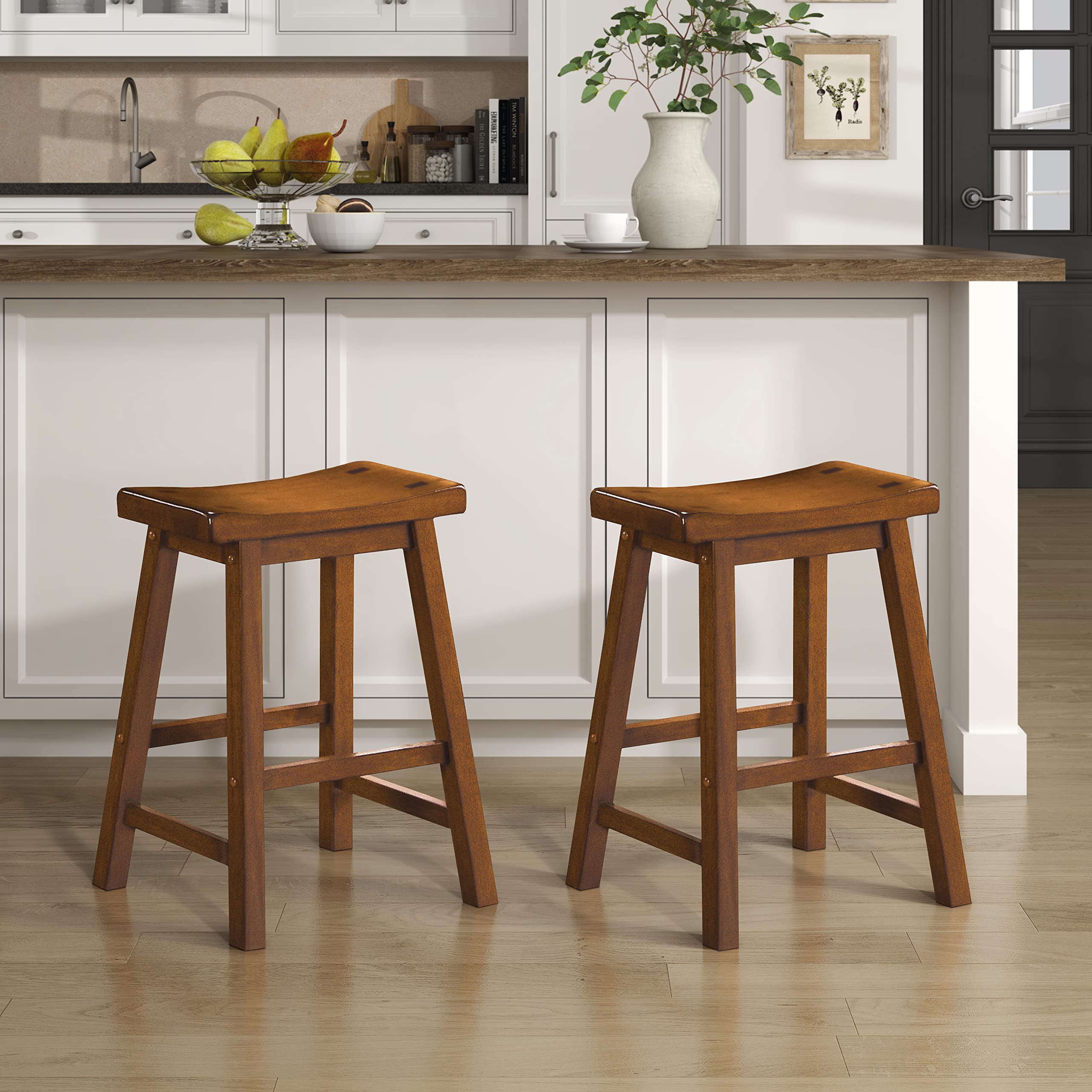 Lexicon Finnian Saddle Solid Wood Stool Set of 2 - Saddle Kitchen Stool Dining Height Stools for Dining, Armless Counter Chair Seating, Perfect Casual - 17.5" SH Oak