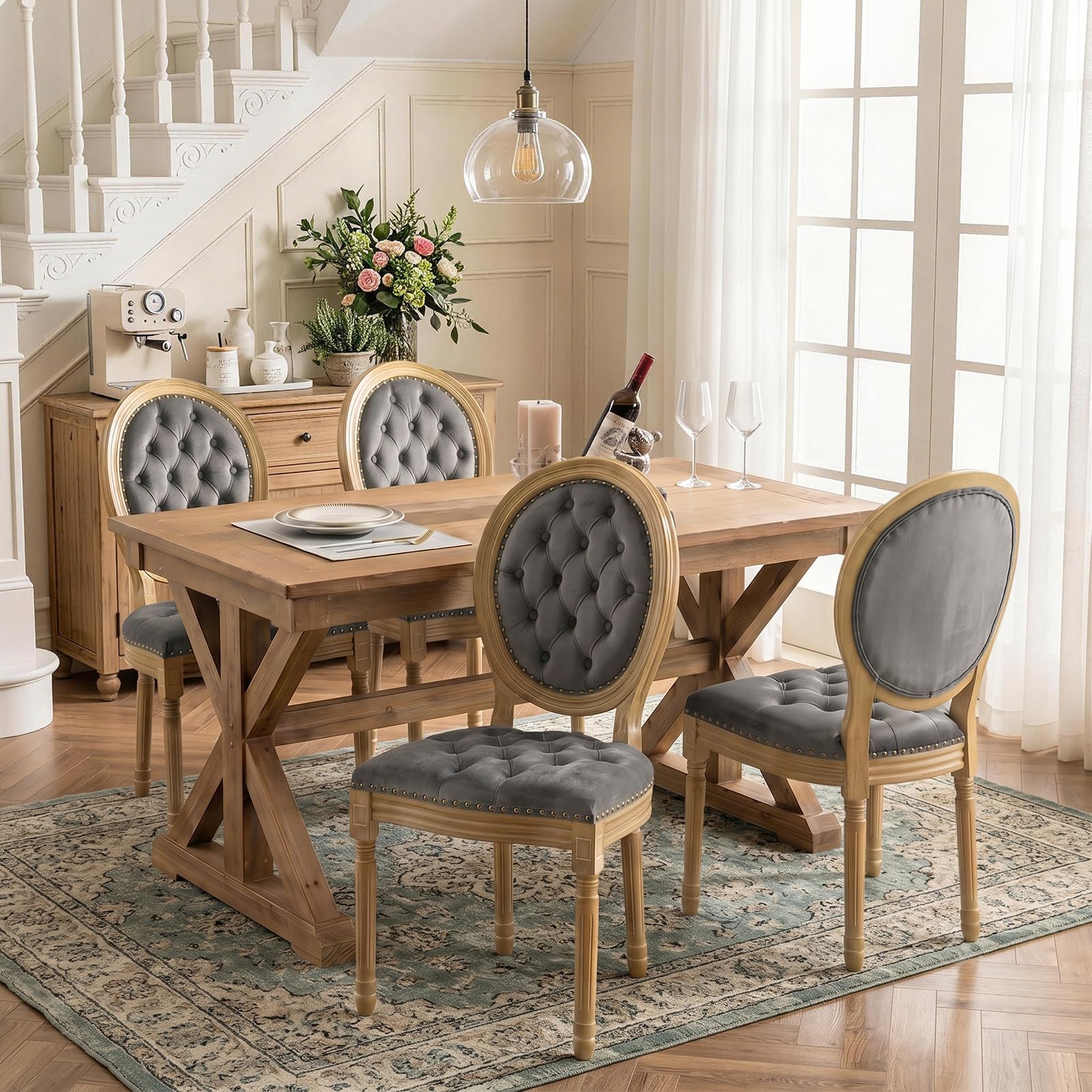SoarFlash French Dining Chairs Set of 2, Vantage Dining Chair with Round Back, Wood Leg Farmhouse Country Rattan Dining Chair for Kitchen,Bedroom,Beige