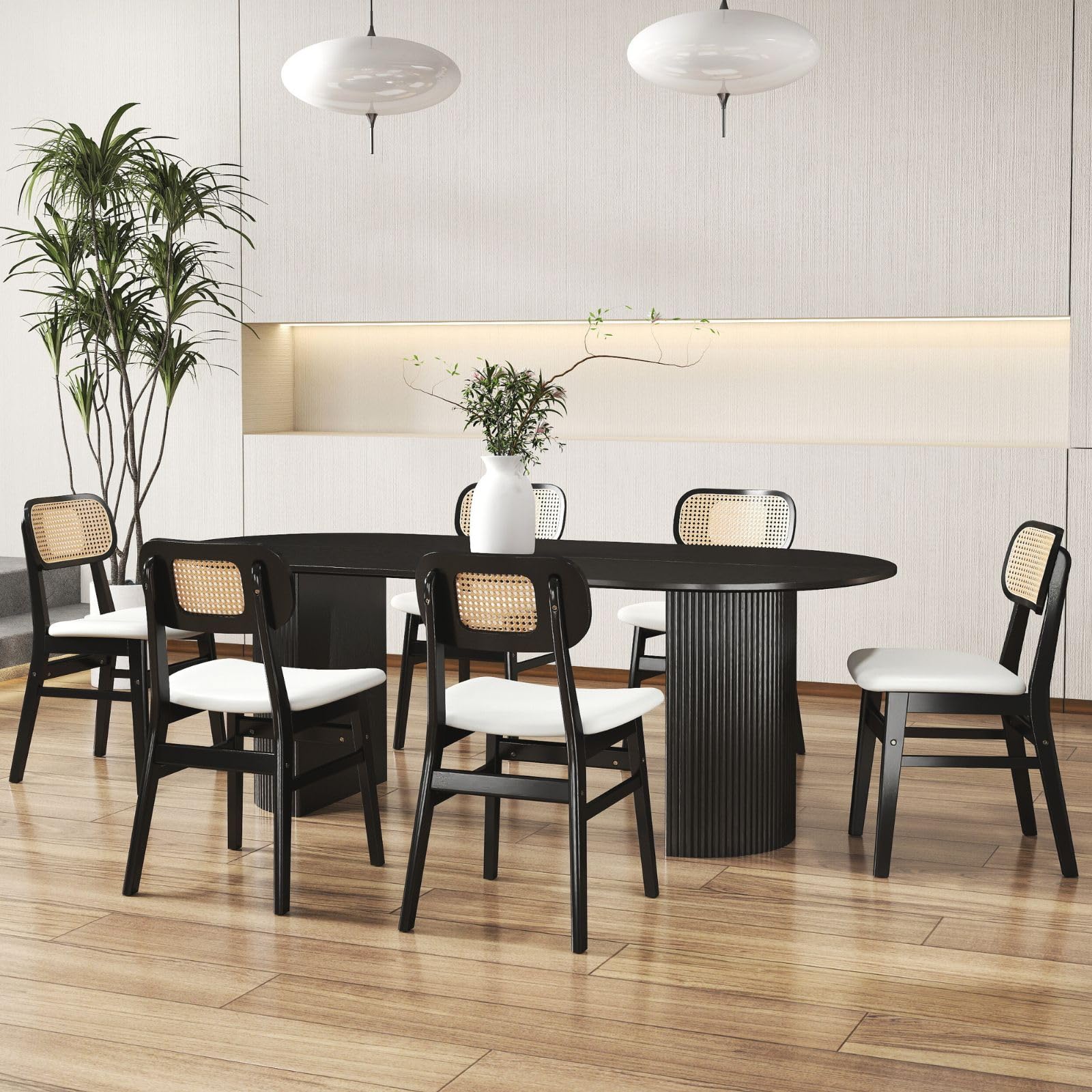 ROCITY Rattan Dining Chairs Set of 2 White Faux Leather Dining Room Chairs Natural Wooden Kitchen Chairs Farmhouse Side Chairs