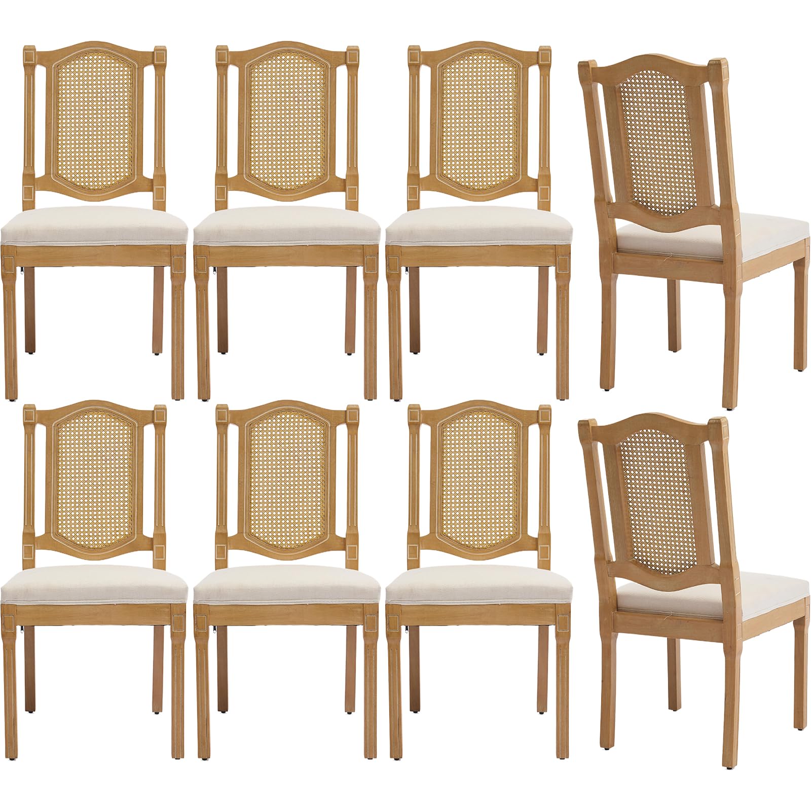 Vintage French Rattan Dining Chairs Set of 6, Square Back Side Chairs with Rattan Backrest, Upholstered Linen Seat and Solid Wood Frame, Sillas de Comedor for Dining Room & Kitchen, Dark Gray