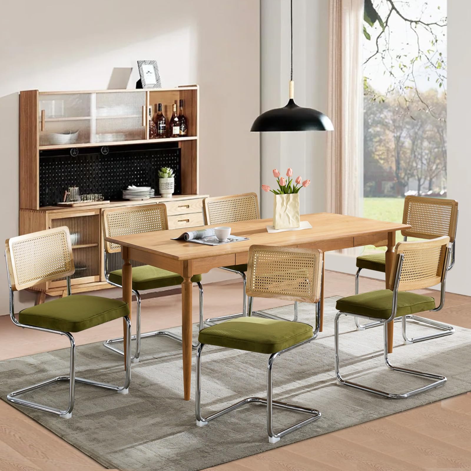 Rattan Dining Chairs Set of 4,Upholstered Mid-Century Modern Dining Room Chairs with Cane Backrest,Retro Velvet Kitchen Chairs with Stainless Chrome Base,Green