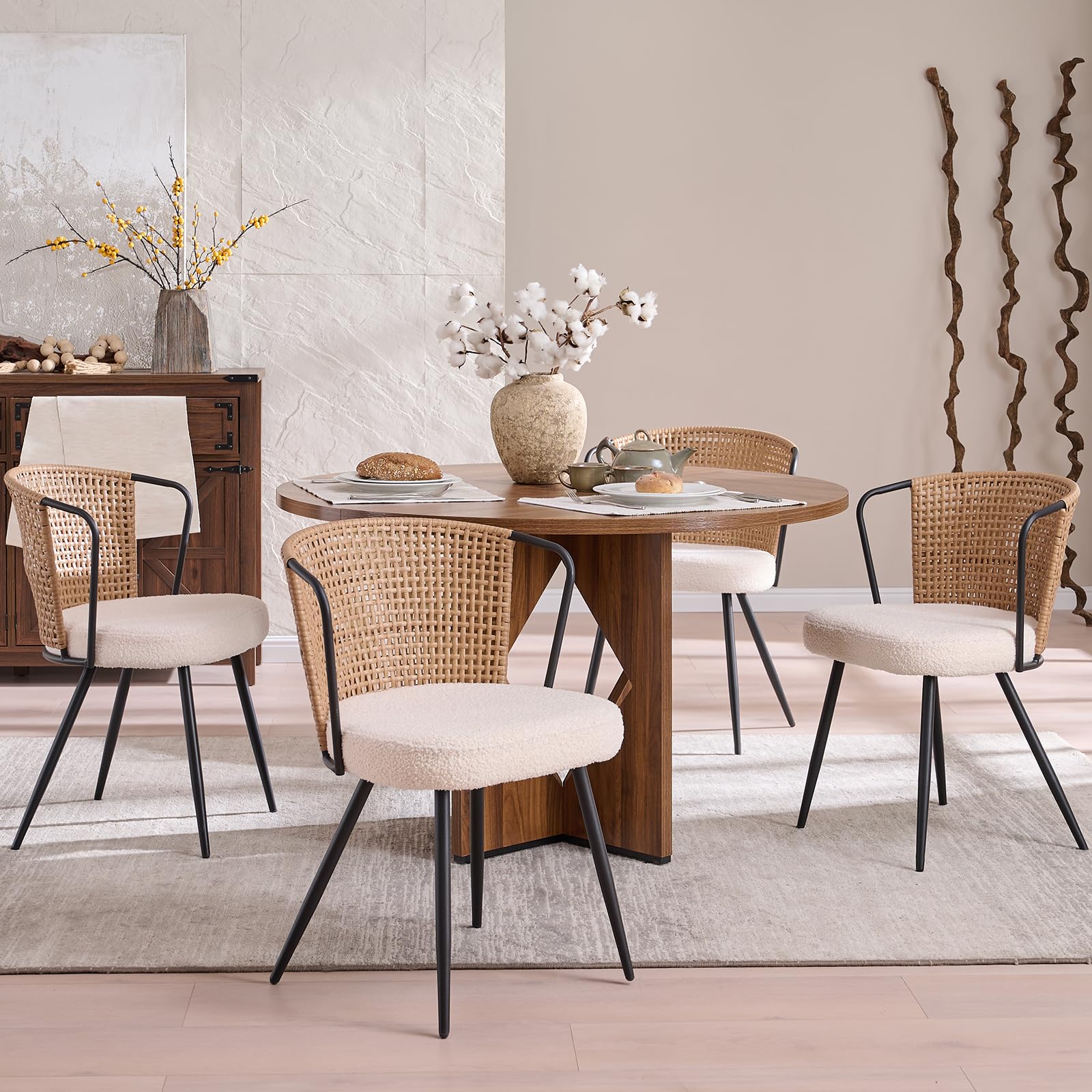 BedsPick Rattan Dining Chairs Set of 4 - Farmhouse Upholstered PE Rattan Kitchen Chair with Boucle Cushion, Wingback Dining Room Seat with Open-weave Cane Back and Metal Legs for Home, Kitchen (Brown)