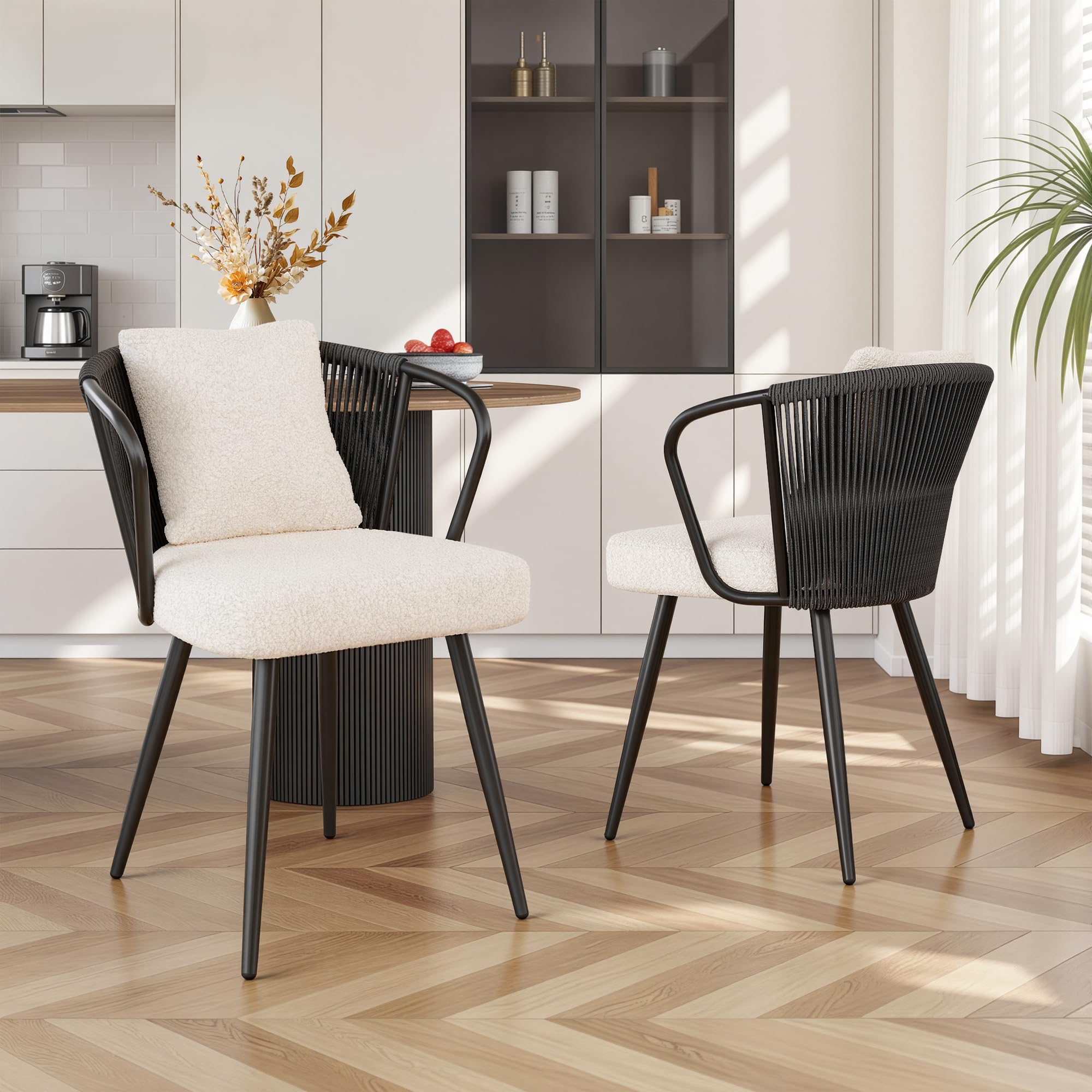 Rattan Dining Chairs Set of 4, Modern Upholstered Kitchen Chair with Metal Legs, Ergonomic Curved Backrest, Mid Century Living Room Chairs with Throw Pillow, Natural