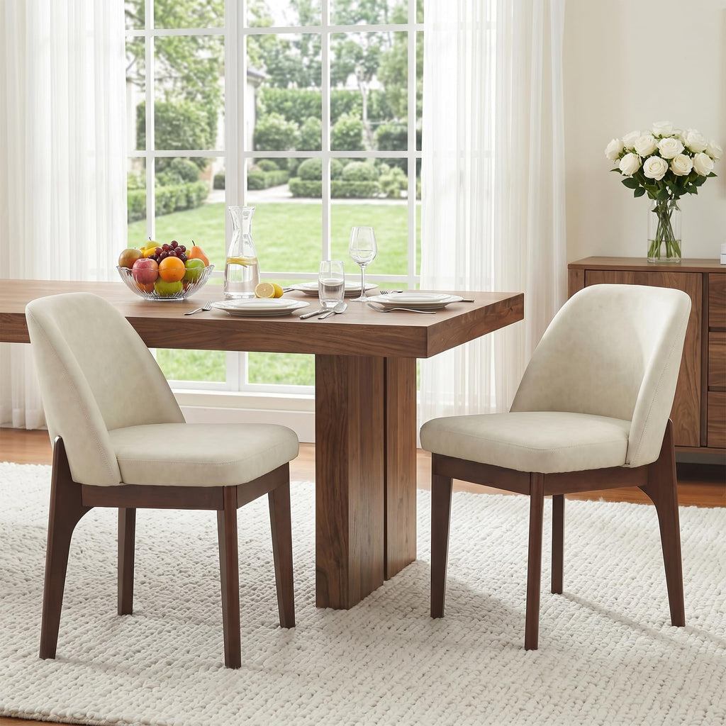 VKNOW Modern Dining Chairs Set of 2, Faux Leather Kitchen Chairs with Wood Legs, Upholstered Side Chair for Kitchen Dining Room, Beige