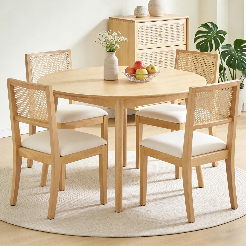 Farmhouse Rattan Dining Chairs Set of 4,Cane Back Kitchen Dining Room Chairs, Upholstered Mid Century Modern Rattan Chair Comfy Side Wood Chair for Living Room/Restaurant, Linen Fabric, Beige