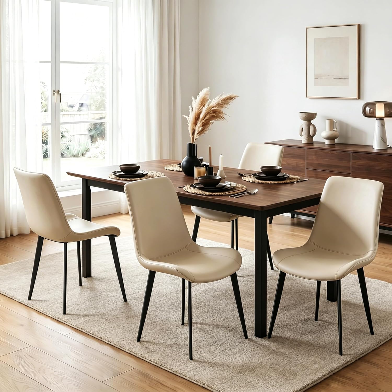 Modern Dining Chairs Set of 4, PU Leather Dining Room Chairs, Upholstered Kitchen Chairs with Ergonomic Backrest & Sturdy Metal Legs, Perfect for Dining Room, Restaurant, Beige