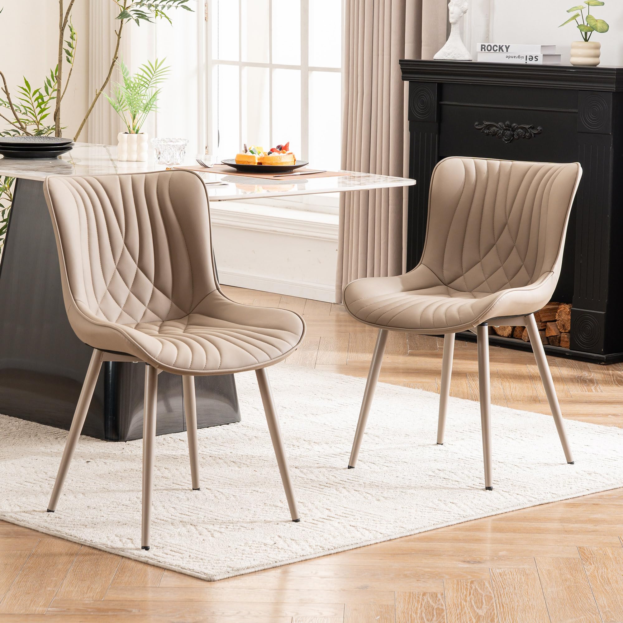 YOUTASTE Cream Dining Chairs Set of 2, Mid Century Modern Comfy Kitchen Chair, Upholstered Faux Leather, Cream Metal Legs, Armless Accent Chairs for Bedroom Vanity Lounge
