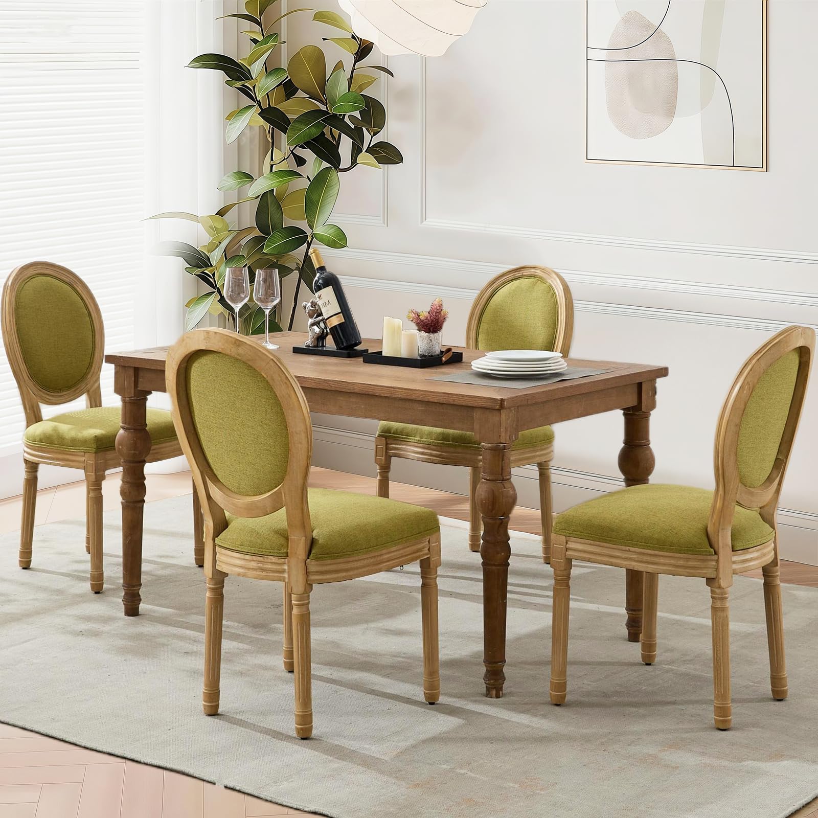 Rattan Back Upholstered Dining Chairs Set of 4 French Country Oval Kitchen Side Chairs with Wood Legs for Dining Room, Kitchen, Restaurant(Beige-Rattan)