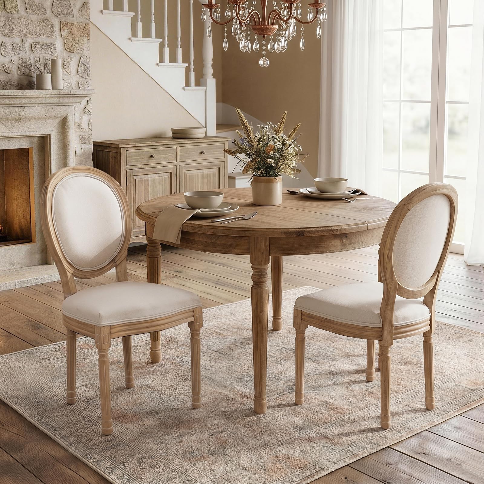 SoarFlash French Dining Chairs Set of 2, Vantage Dining Chair with Round Back, Wood Leg Farmhouse Country Rattan Dining Chair for Kitchen,Bedroom,Beige