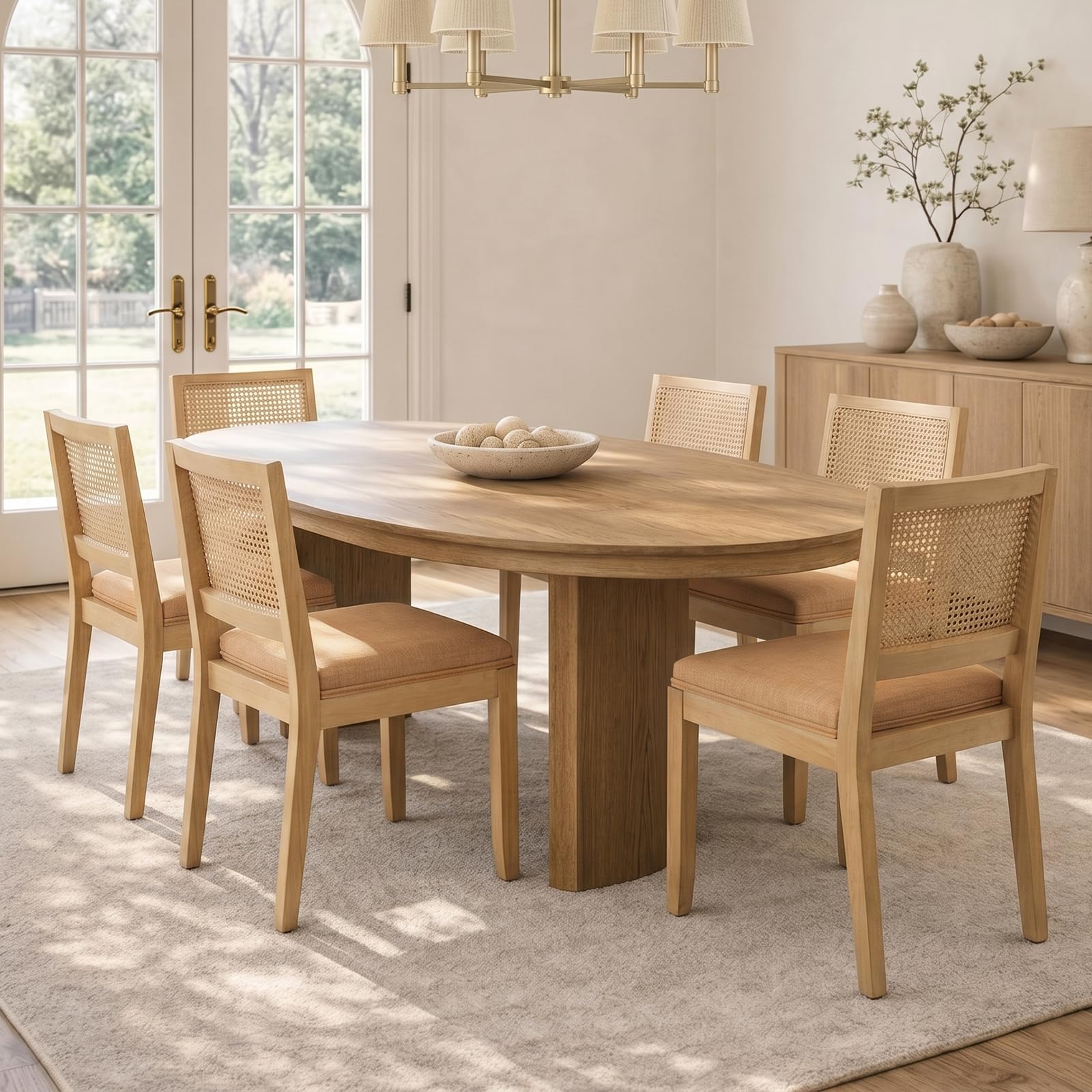 Rattan Back Upholstered Dining Chairs Set of 4 French Country Oval Kitchen Side Chairs with Wood Legs for Dining Room, Kitchen, Restaurant(Beige-Rattan)