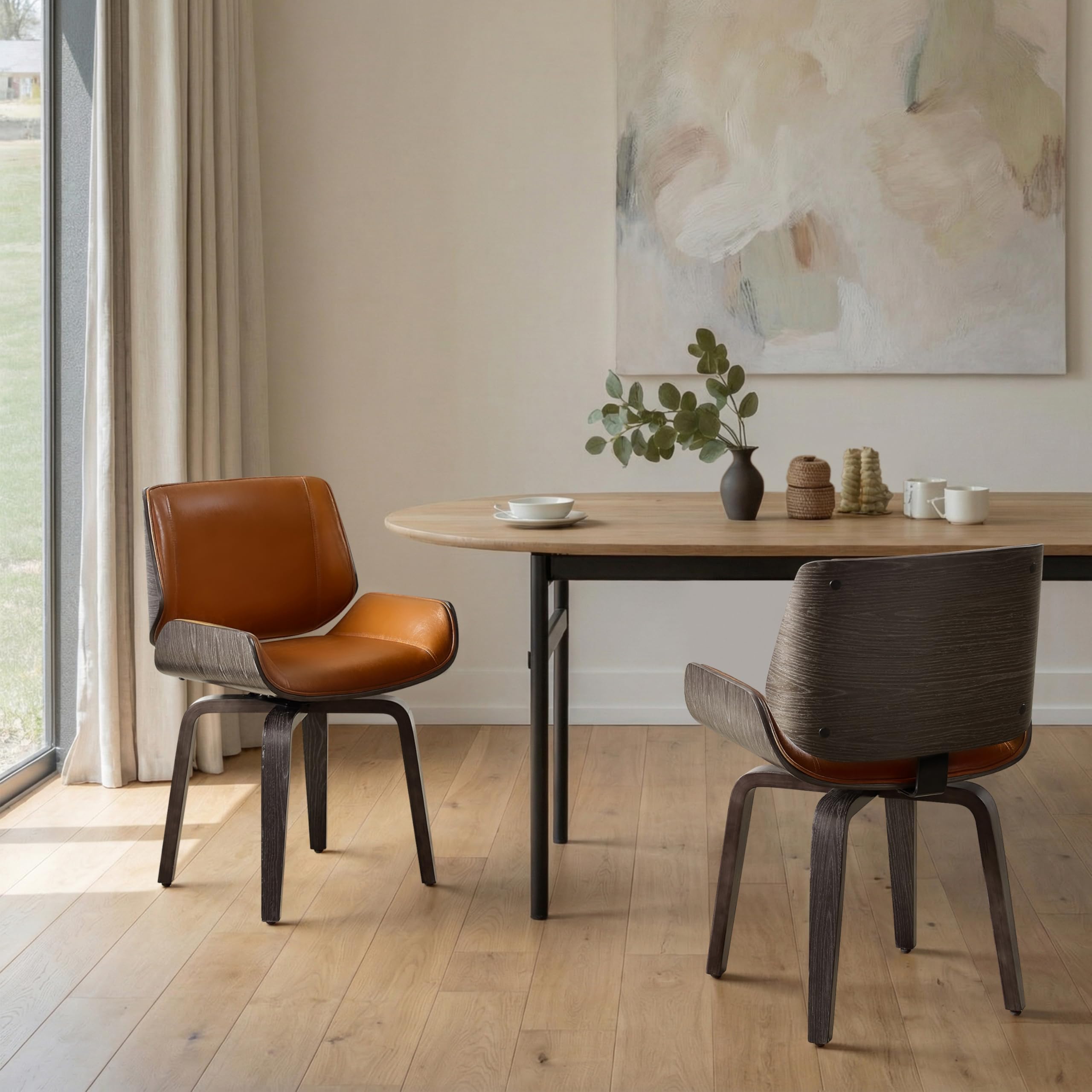 Zouron Swivel Dining Chairs, Mid Century Modern Desk Chairs Retro Faux Leather Chair with Wooden Legs, Kitchen Dining Room Chair with Upholstered Seat, 1 Pcs, Orange Brown