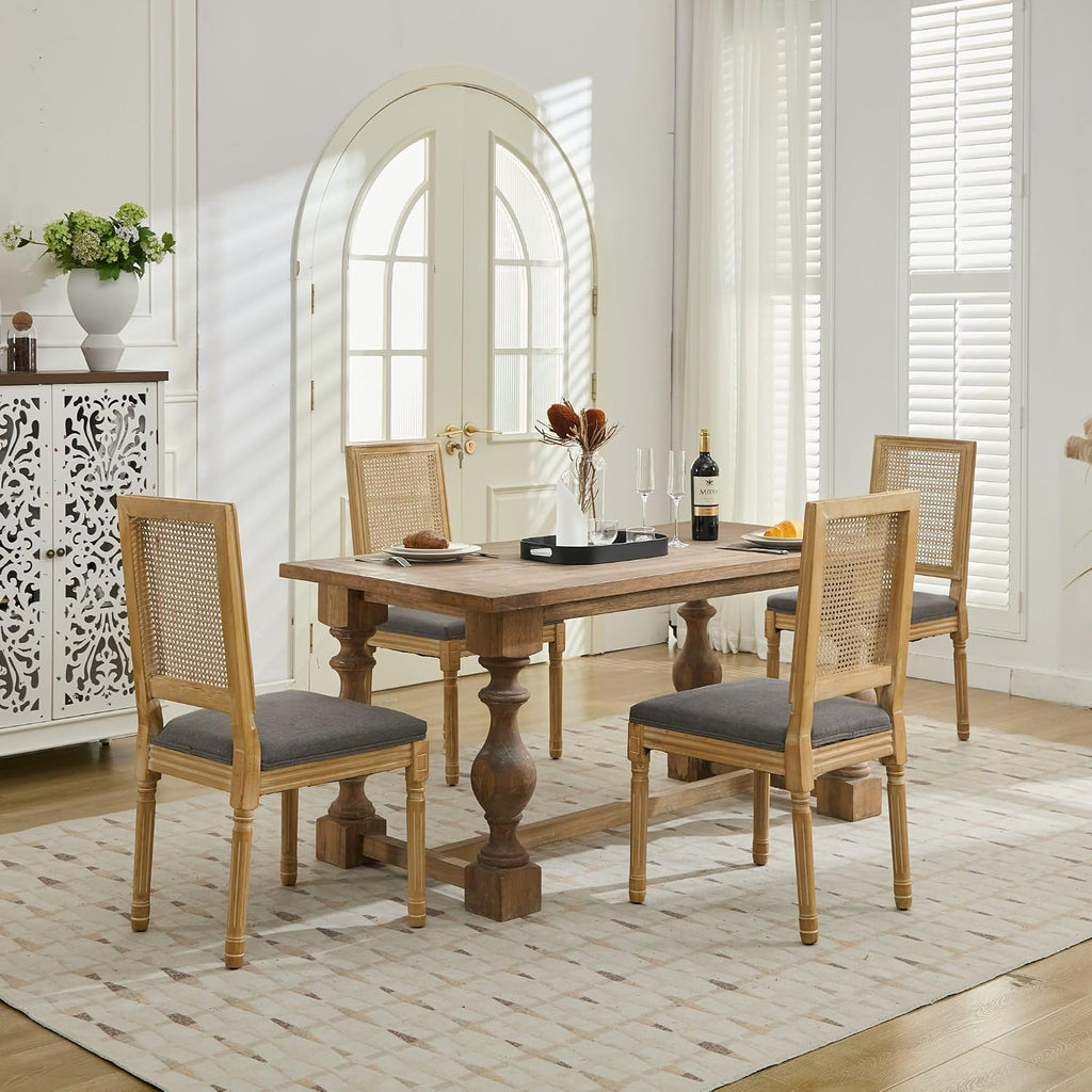 Vintage French Rattan Dining Chairs Set of 6, Square Back Side Chairs with Rattan Backrest, Upholstered Linen Seat and Solid Wood Frame, Sillas de Comedor for Dining Room & Kitchen, Dark Gray