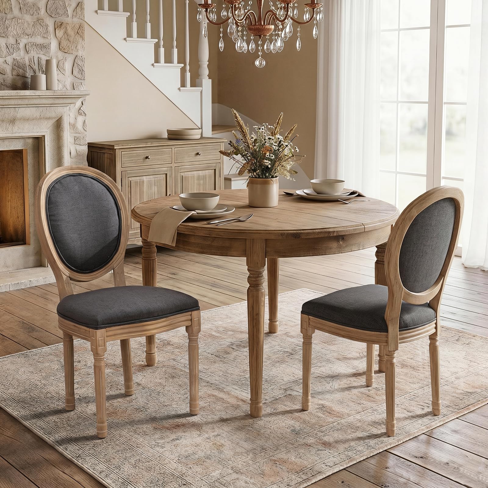 SoarFlash French Dining Chairs Set of 2, Vantage Dining Chair with Round Back, Wood Leg Farmhouse Country Rattan Dining Chair for Kitchen,Bedroom,Beige