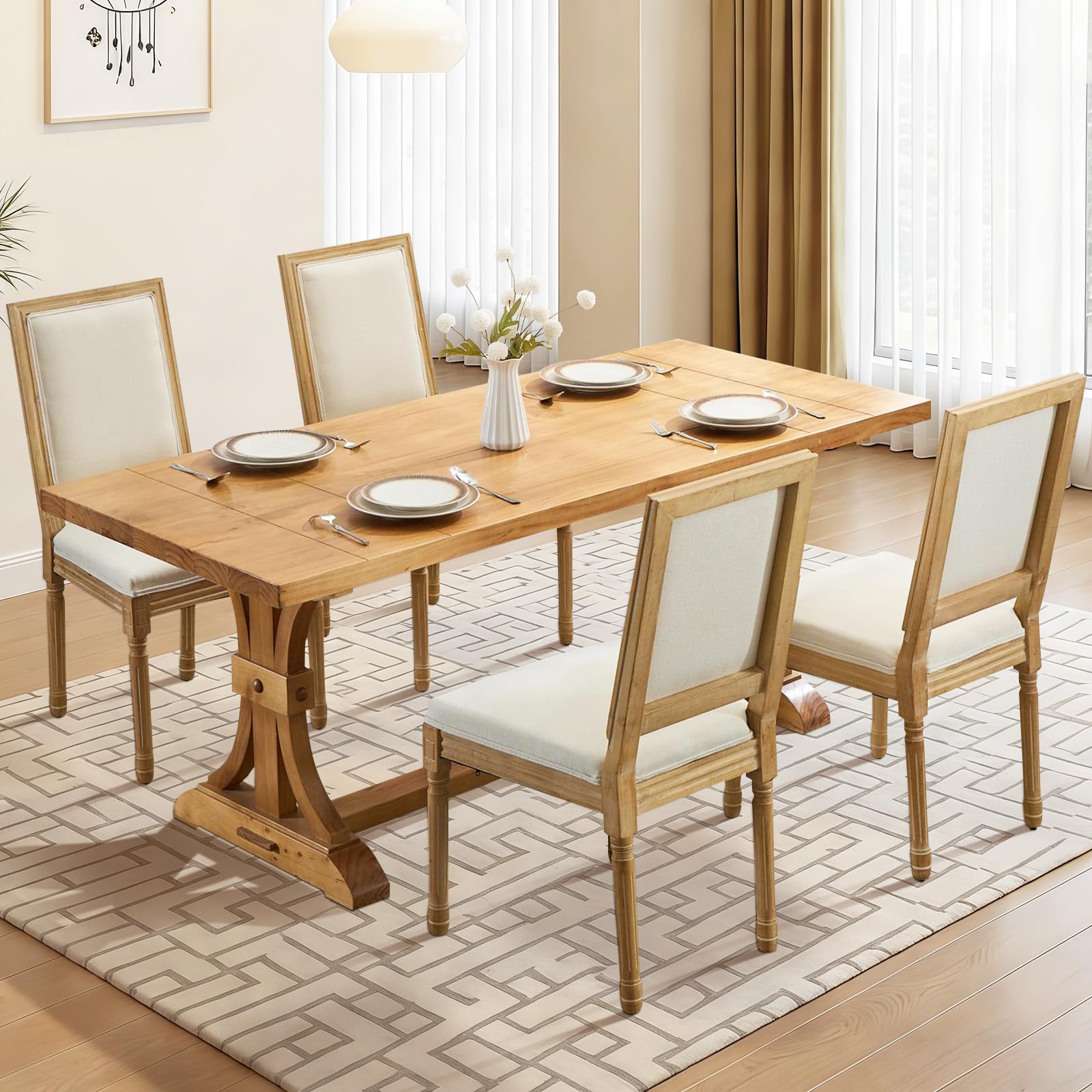 Rattan Back Upholstered Dining Chairs Set of 4 French Country Oval Kitchen Side Chairs with Wood Legs for Dining Room, Kitchen, Restaurant(Beige-Rattan)