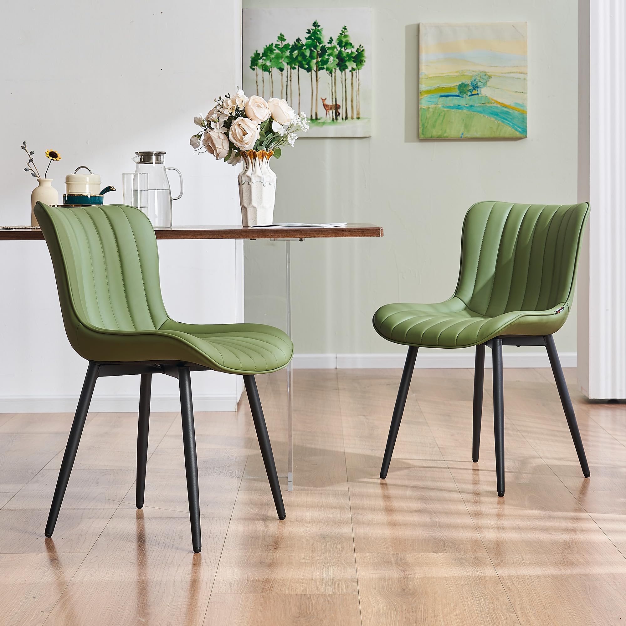 YOUNUOKE Mid-Century Modern Dining Chairs Set of 2, Blue PU Leather Upholstered Kitchen Chairs with Black Metal Legs, Armless Accent Chair for Dining Room, Guest Reception Room