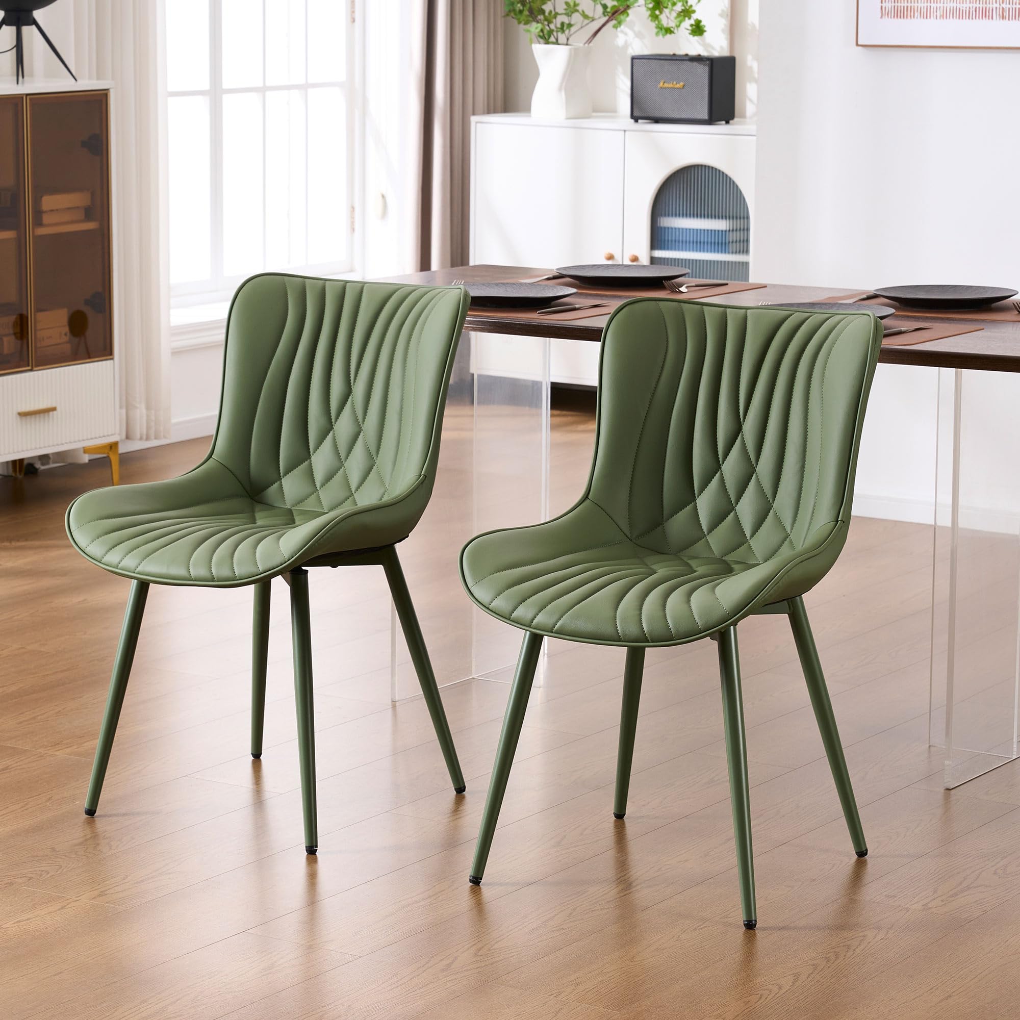 YOUTASTE Cream Dining Chairs Set of 2, Mid Century Modern Comfy Kitchen Chair, Upholstered Faux Leather, Cream Metal Legs, Armless Accent Chairs for Bedroom Vanity Lounge
