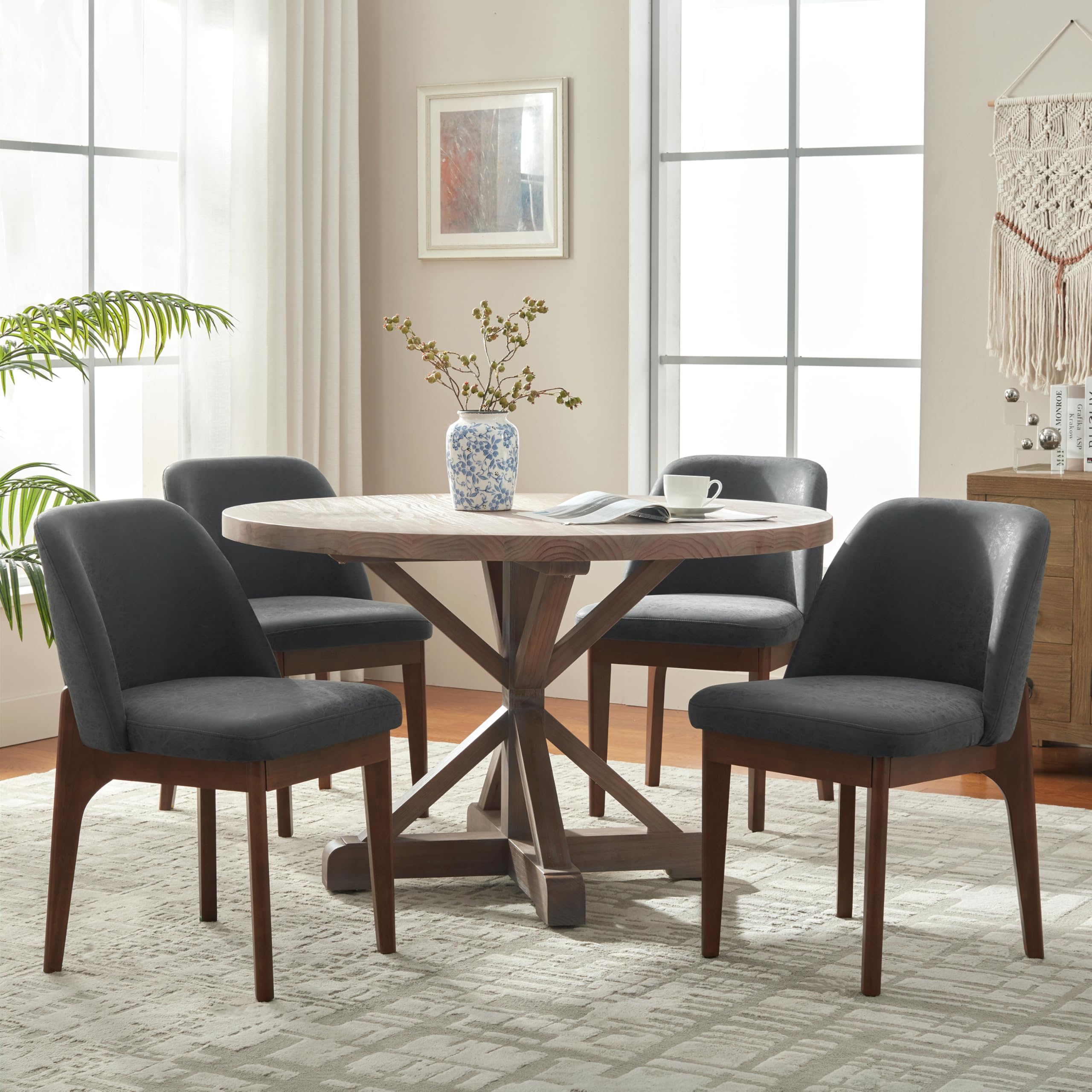 VKNOW Modern Dining Chairs Set of 2, Faux Leather Kitchen Chairs with Wood Legs, Upholstered Side Chair for Kitchen Dining Room, Beige