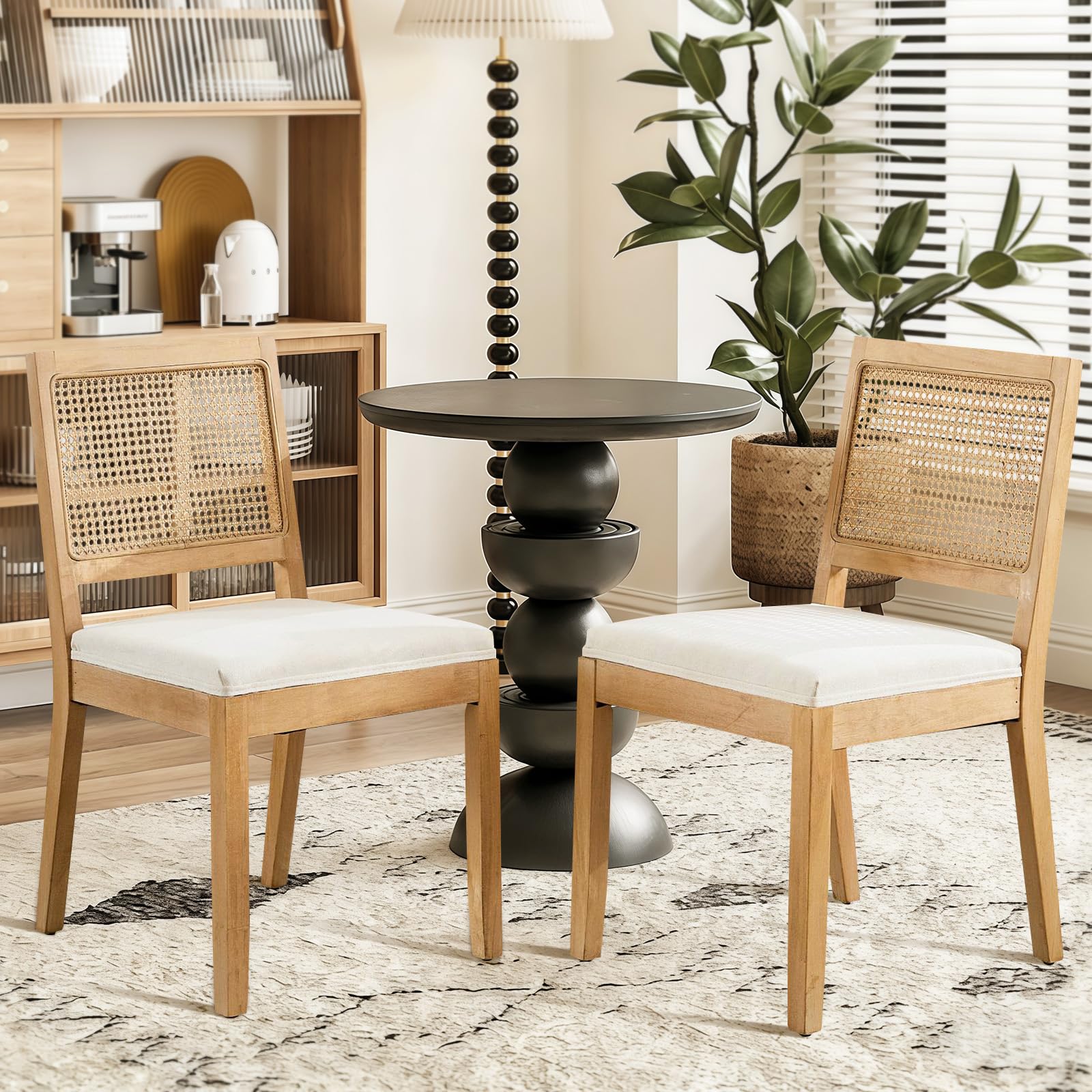 Rattan Back Upholstered Dining Chairs Set of 4 French Country Oval Kitchen Side Chairs with Wood Legs for Dining Room, Kitchen, Restaurant(Beige-Rattan)