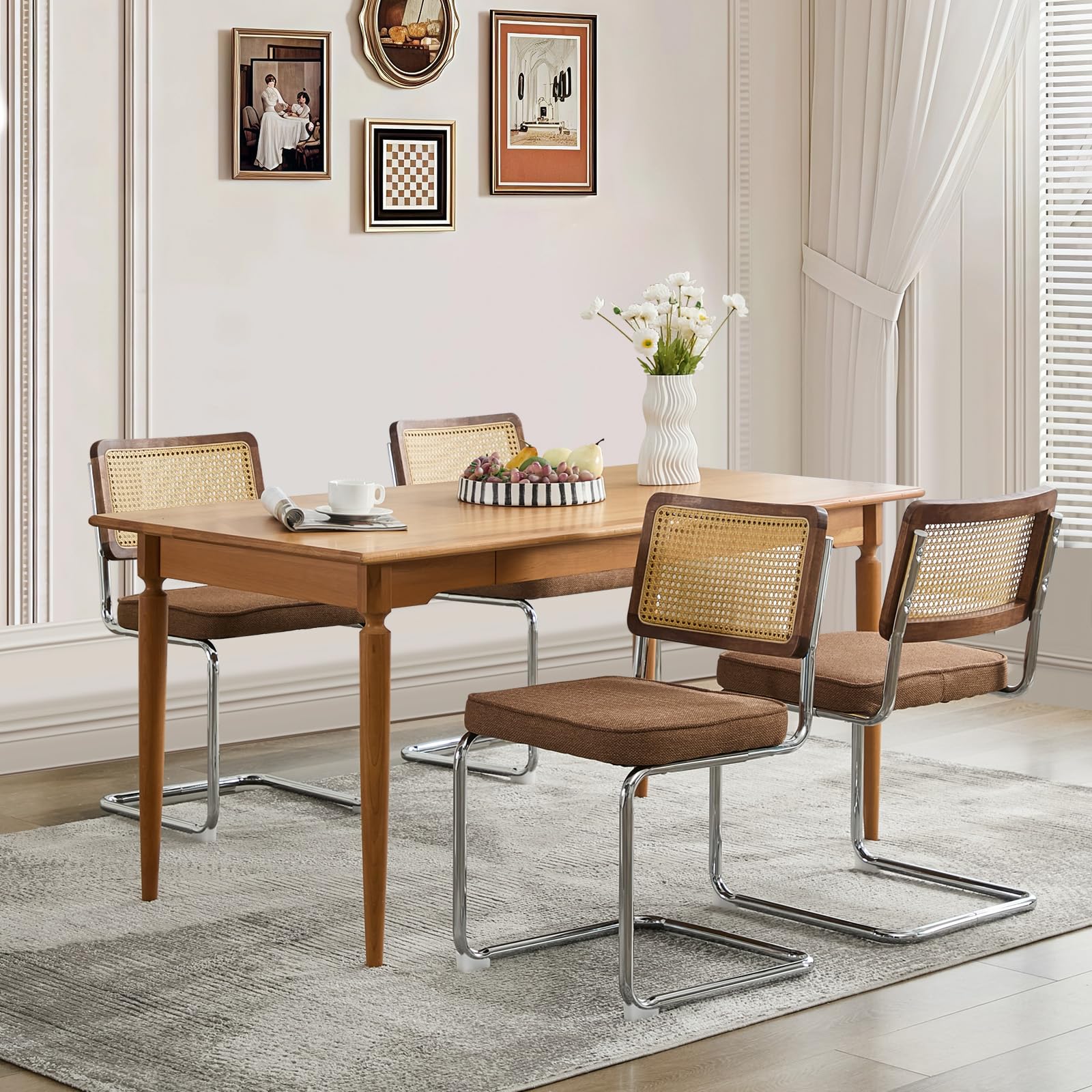 Rattan Dining Chairs Set of 4,Upholstered Mid-Century Modern Dining Room Chairs with Cane Backrest,Retro Velvet Kitchen Chairs with Stainless Chrome Base,Green
