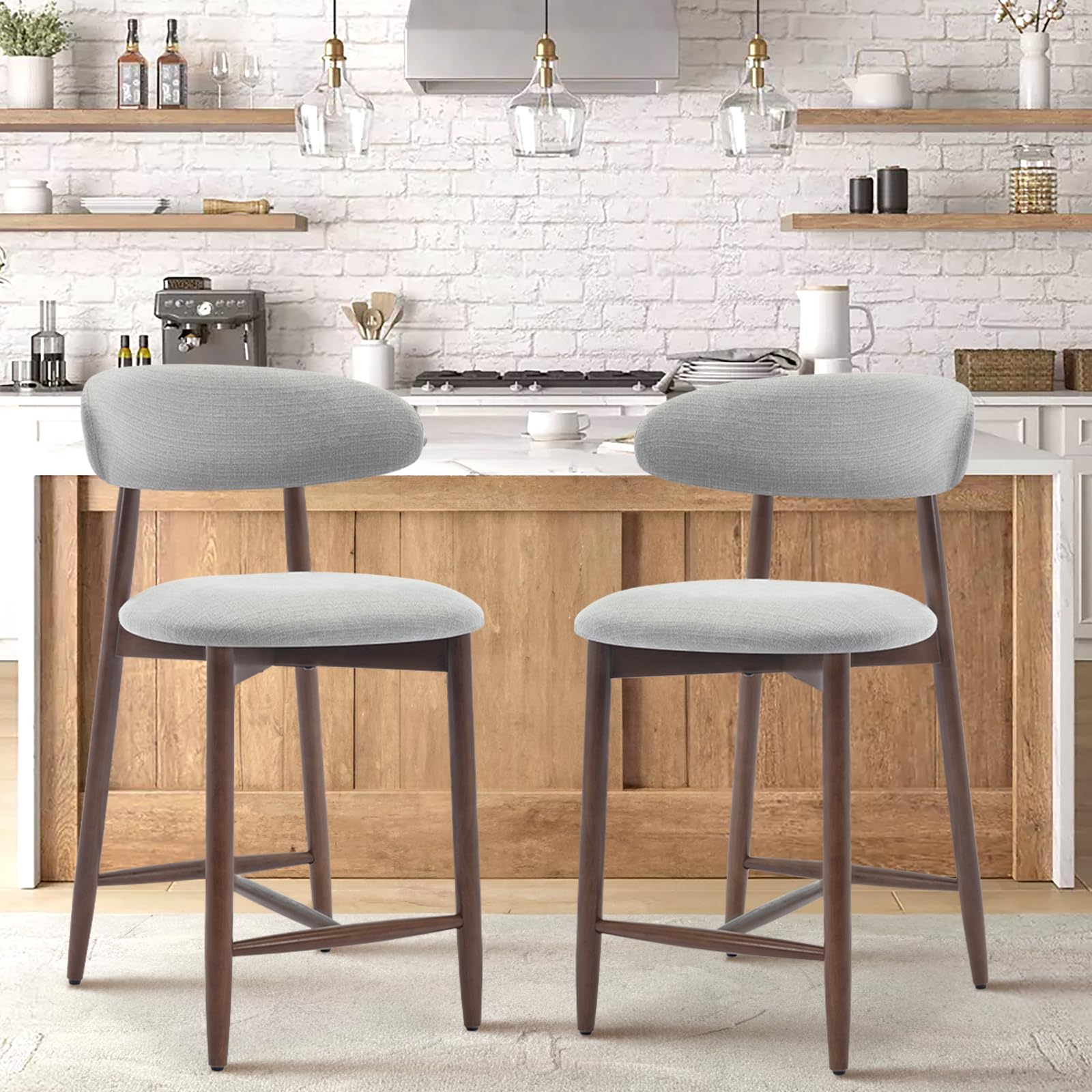 COLAMY Upholstered Counter Bar Stools, Kitchen Island Stools with Back, Modern Counter Height Stools with Wood Legs for Kitchen Island Dining Room Bar, Camel
