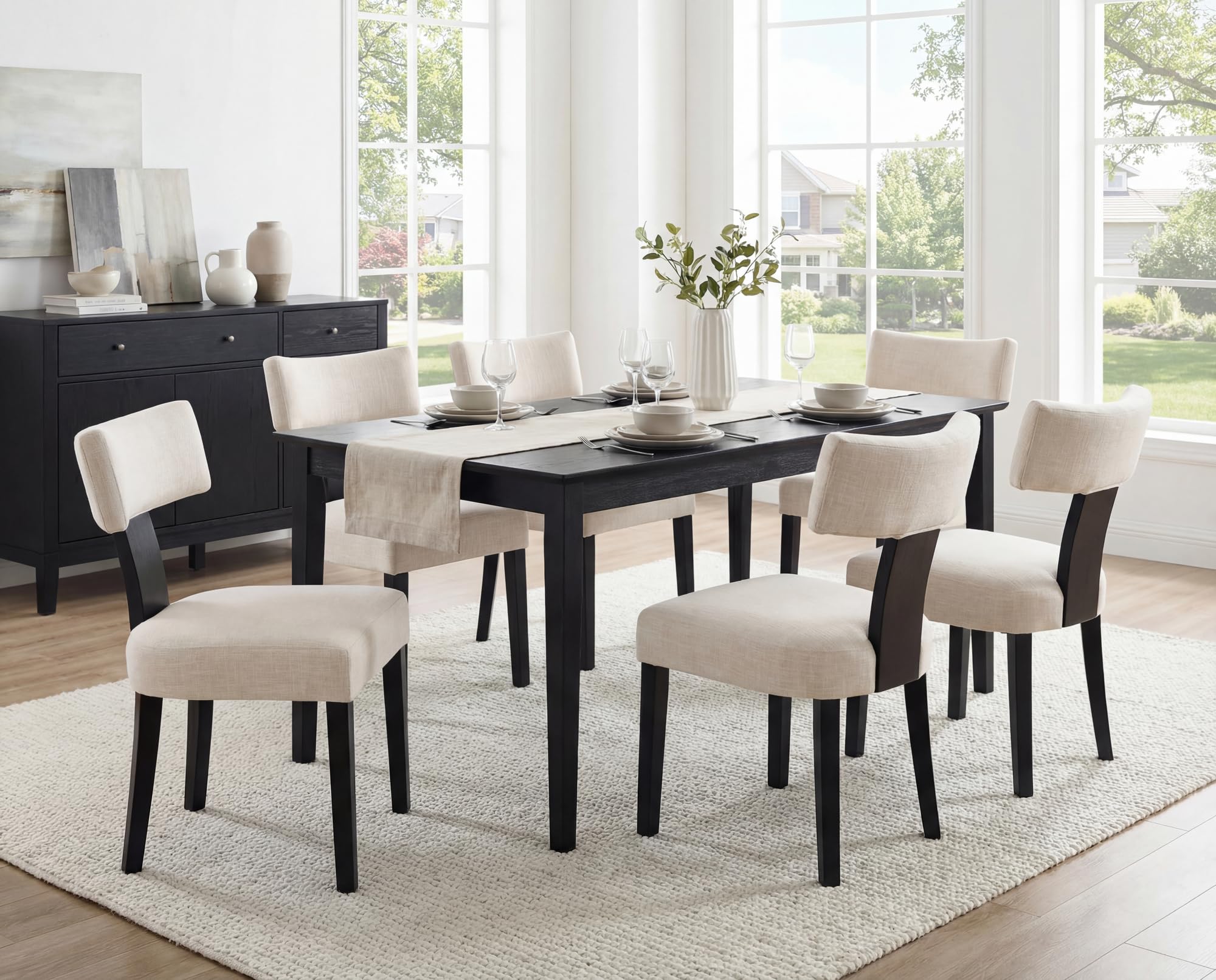 RIVOVA Rattan Dining Chairs Set of 4, Mid Century Modern Dining Chair Upholstered Linen Fabric Kitchen Side Chair, Modern Kitchen Armless Solid Wood Dining Chairs, Beige