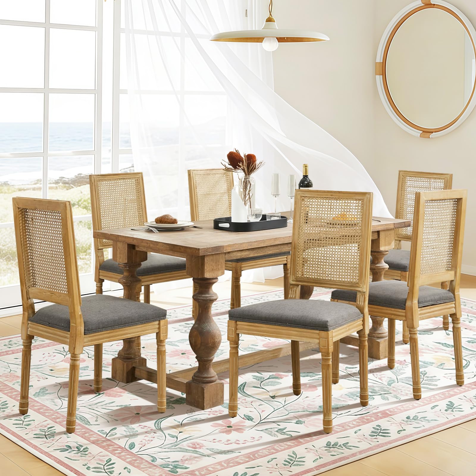 Rattan Back Upholstered Dining Chairs Set of 4 French Country Oval Kitchen Side Chairs with Wood Legs for Dining Room, Kitchen, Restaurant(Beige-Rattan)