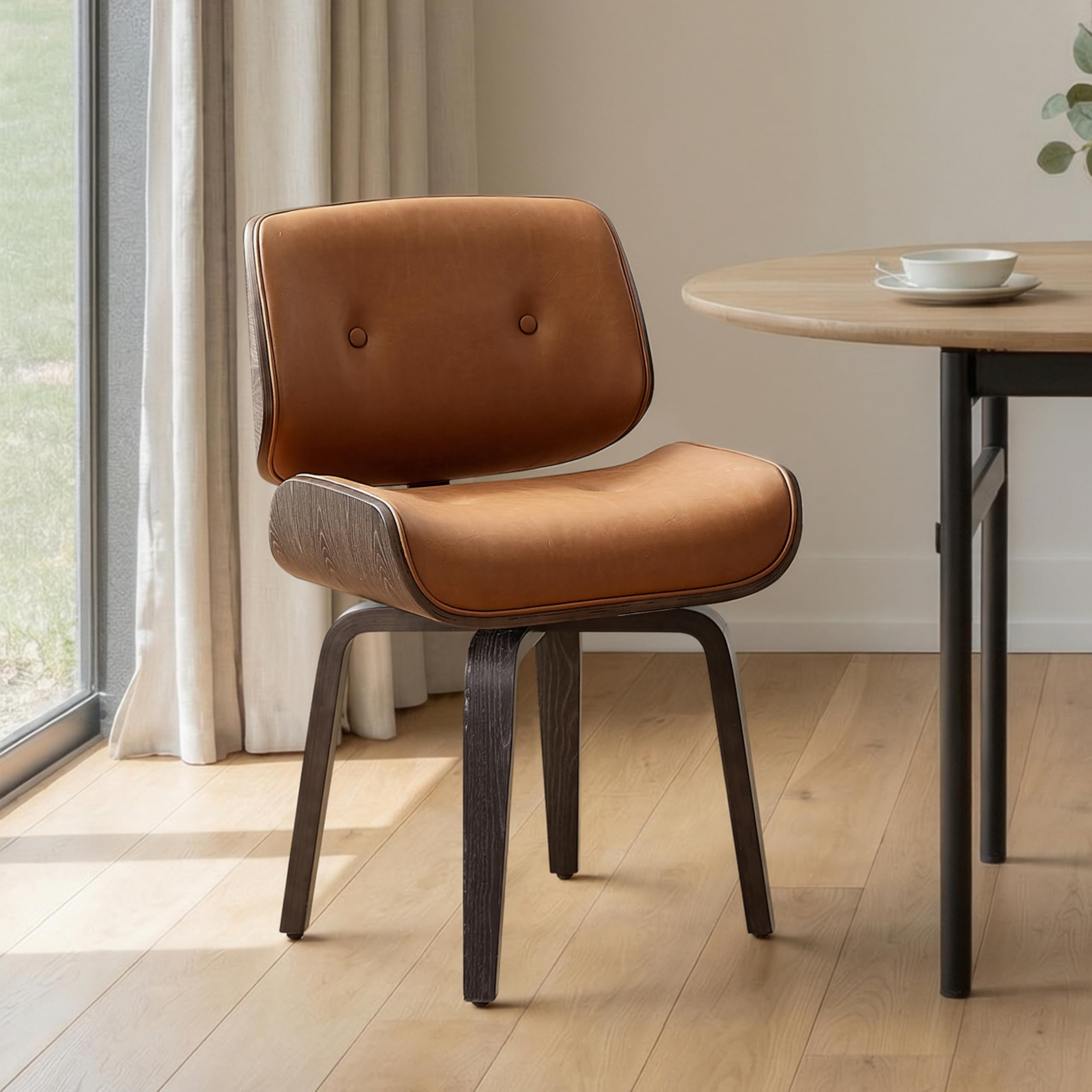 Zouron Swivel Dining Chairs, Mid Century Modern Desk Chairs Retro Faux Leather Chair with Wooden Legs, Kitchen Dining Room Chair with Upholstered Seat, 1 Pcs, Orange Brown
