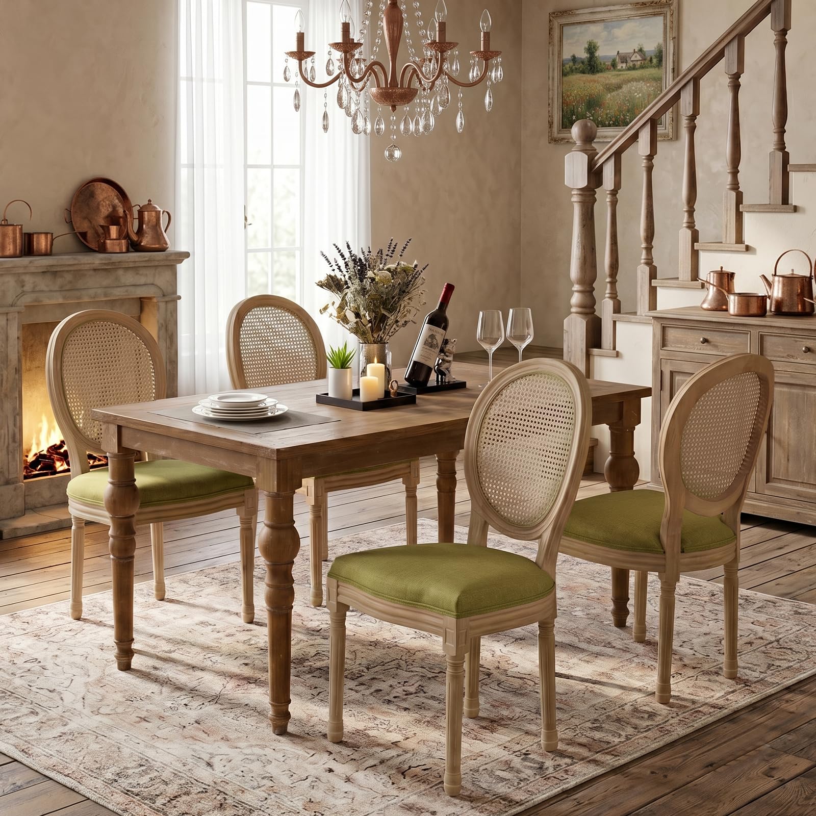 SoarFlash French Dining Chairs Set of 2, Vantage Dining Chair with Round Back, Wood Leg Farmhouse Country Rattan Dining Chair for Kitchen,Bedroom,Beige