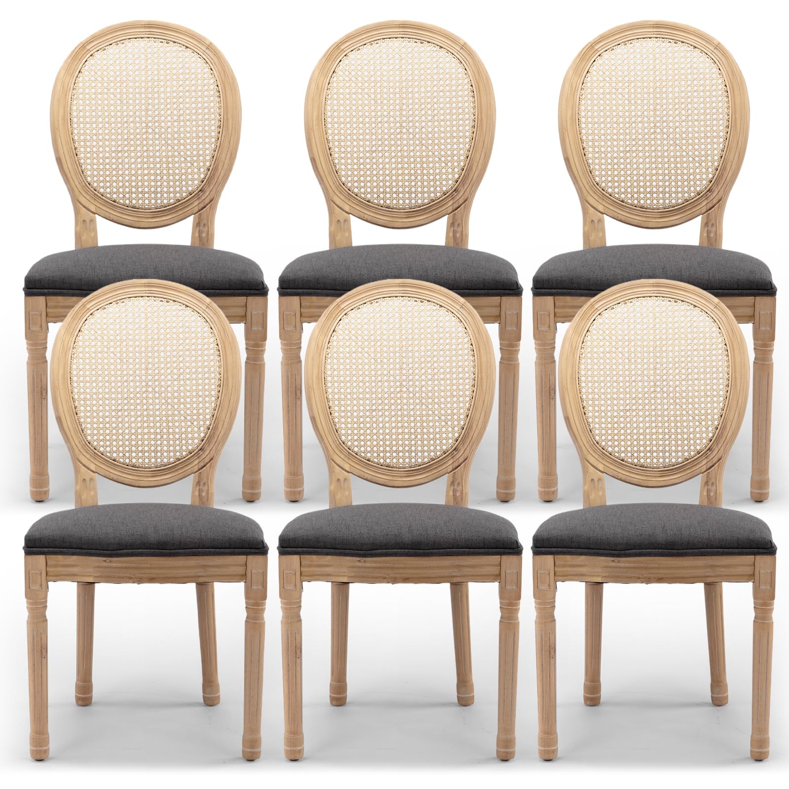 Rattan Back Upholstered Dining Chairs Set of 4 French Country Oval Kitchen Side Chairs with Wood Legs for Dining Room, Kitchen, Restaurant(Beige-Rattan)